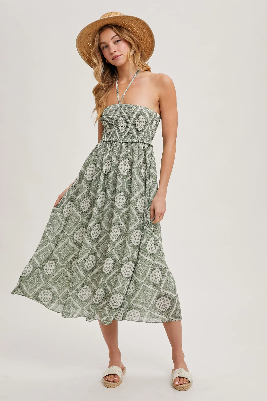 Green Printed Smocked Halter Maternity Midi Dress - Image 5