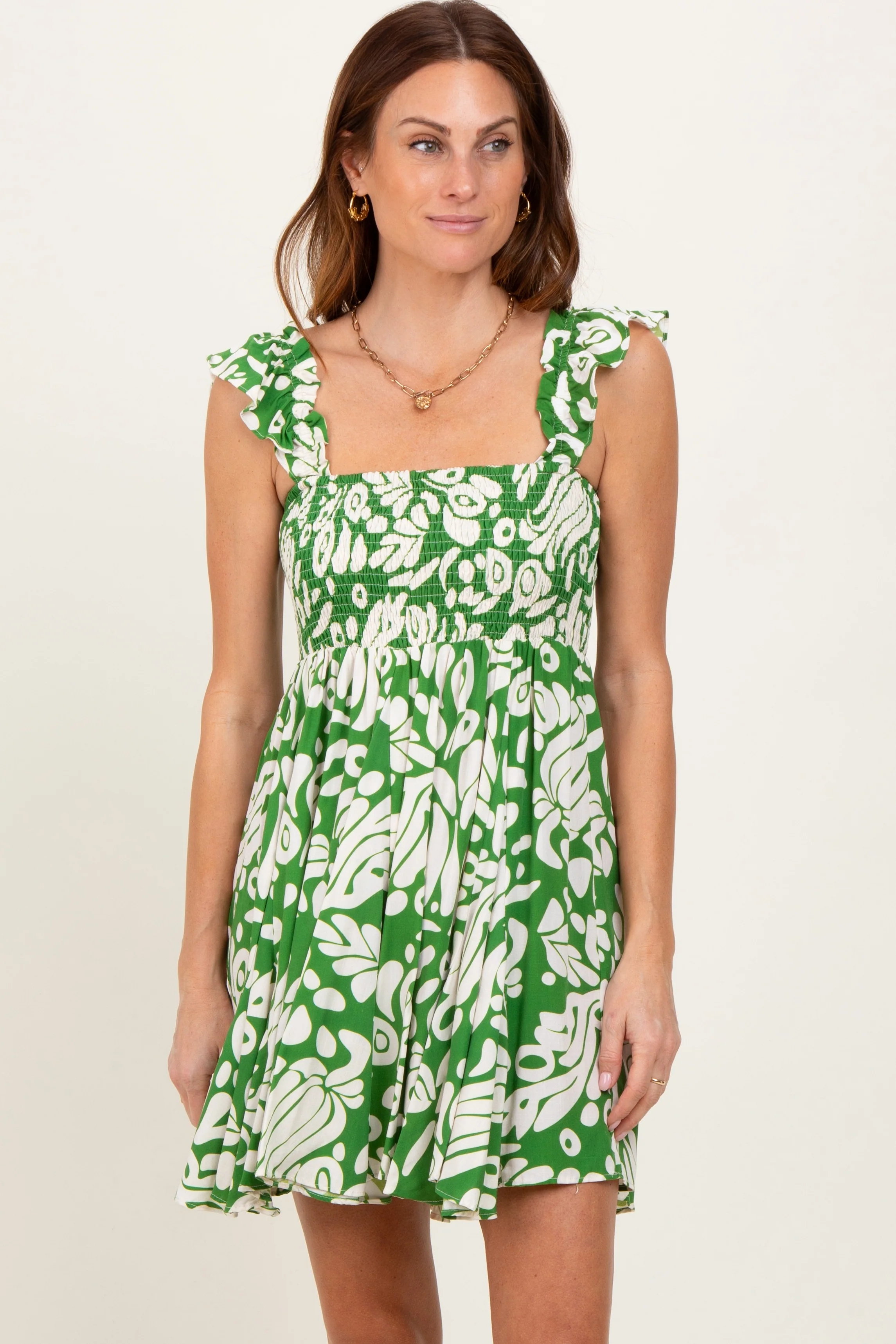 Green Printed Smocked Ruffle Strap Maternity Dress - Image 5
