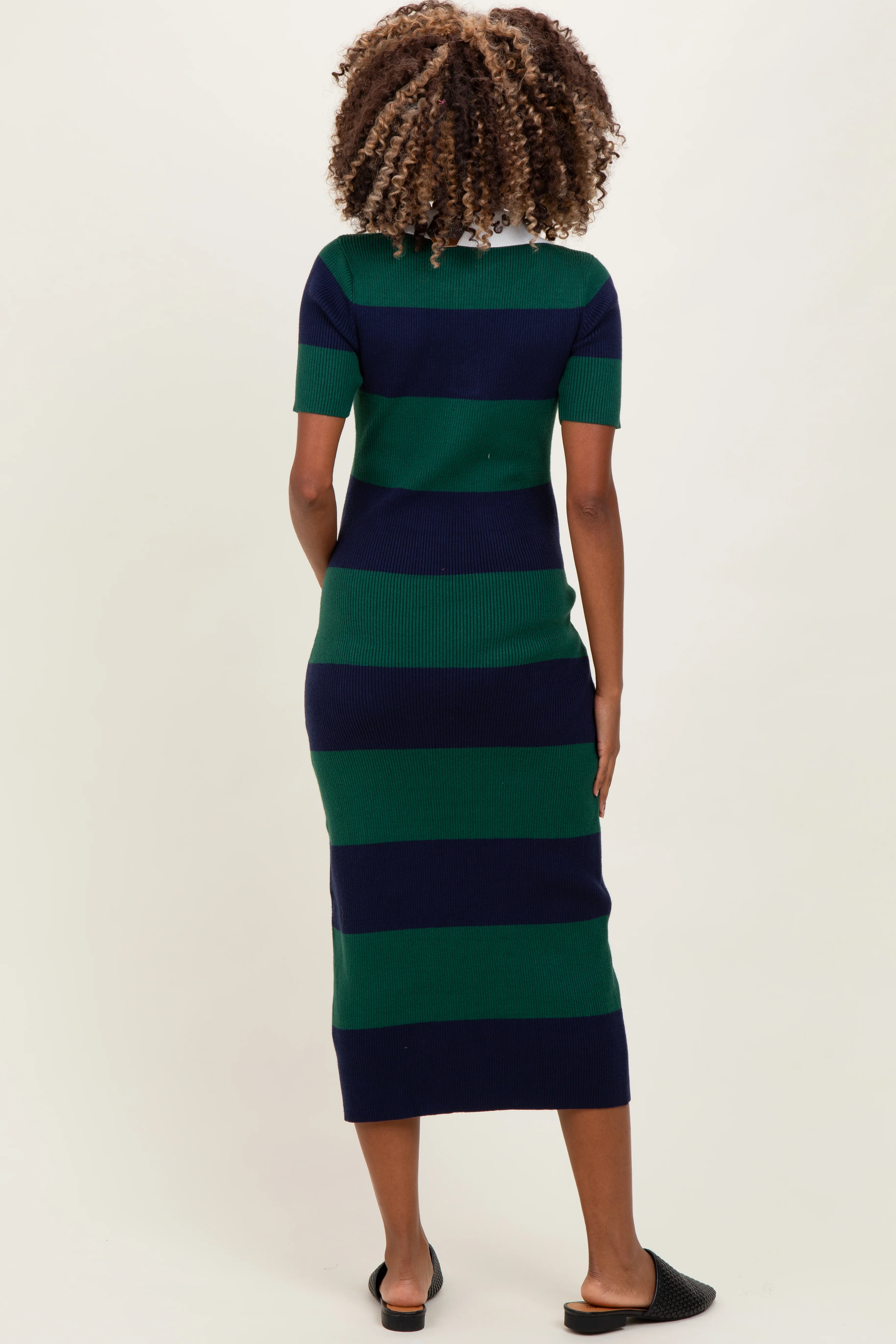 Green Ribbed Striped Knit Polo Maternity Midi Dress - Image 3