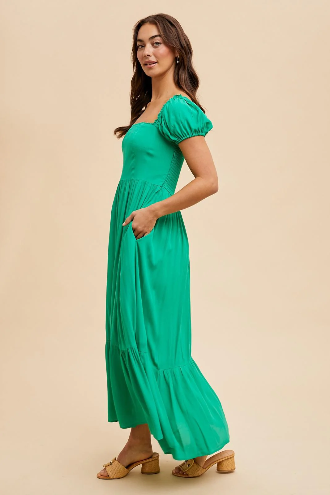 Green Ruffle Detail Square Neck Maxi Dress - Image 4