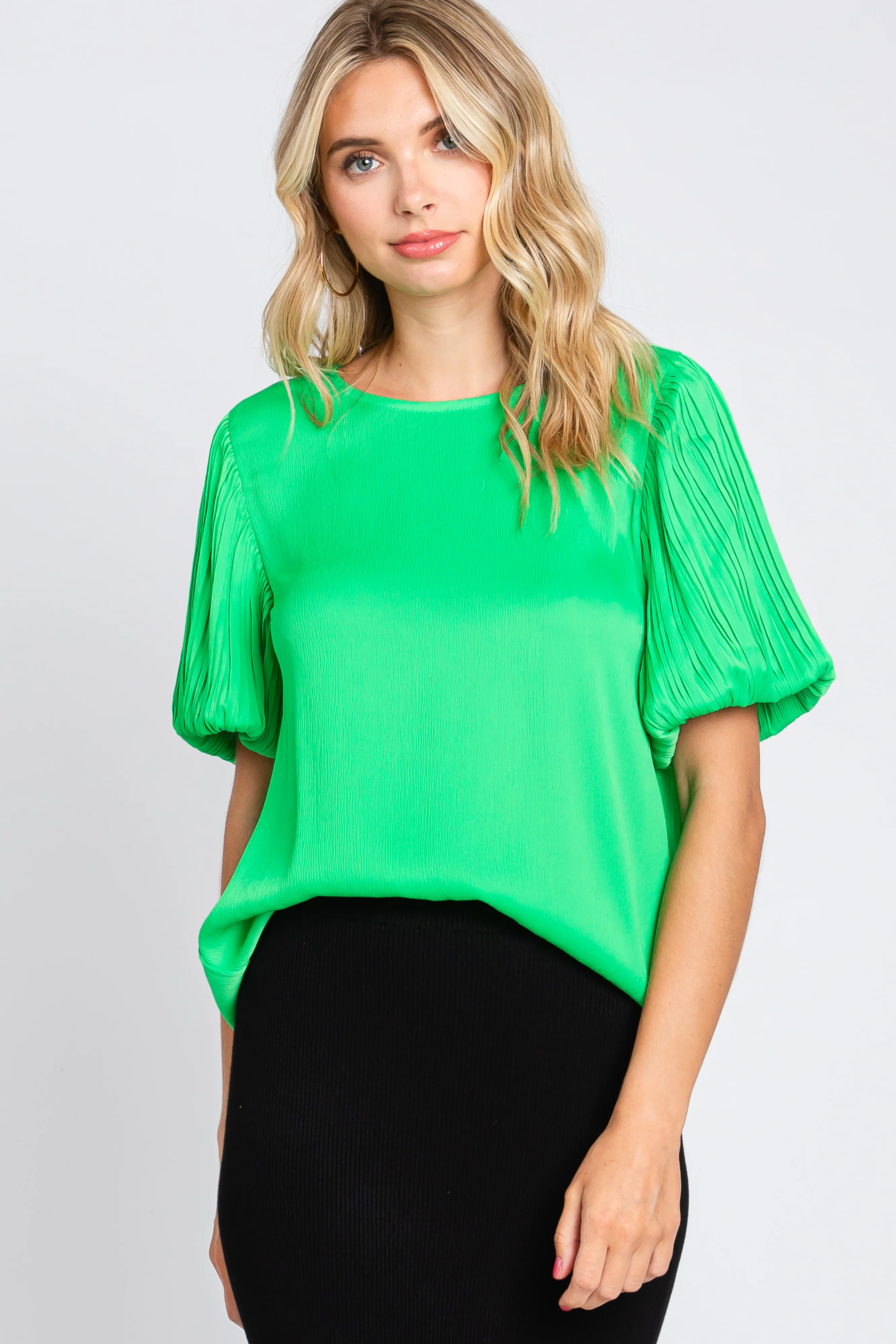 Green Satin Pleated Puff Short Sleeve Maternity Blouse - Image 5