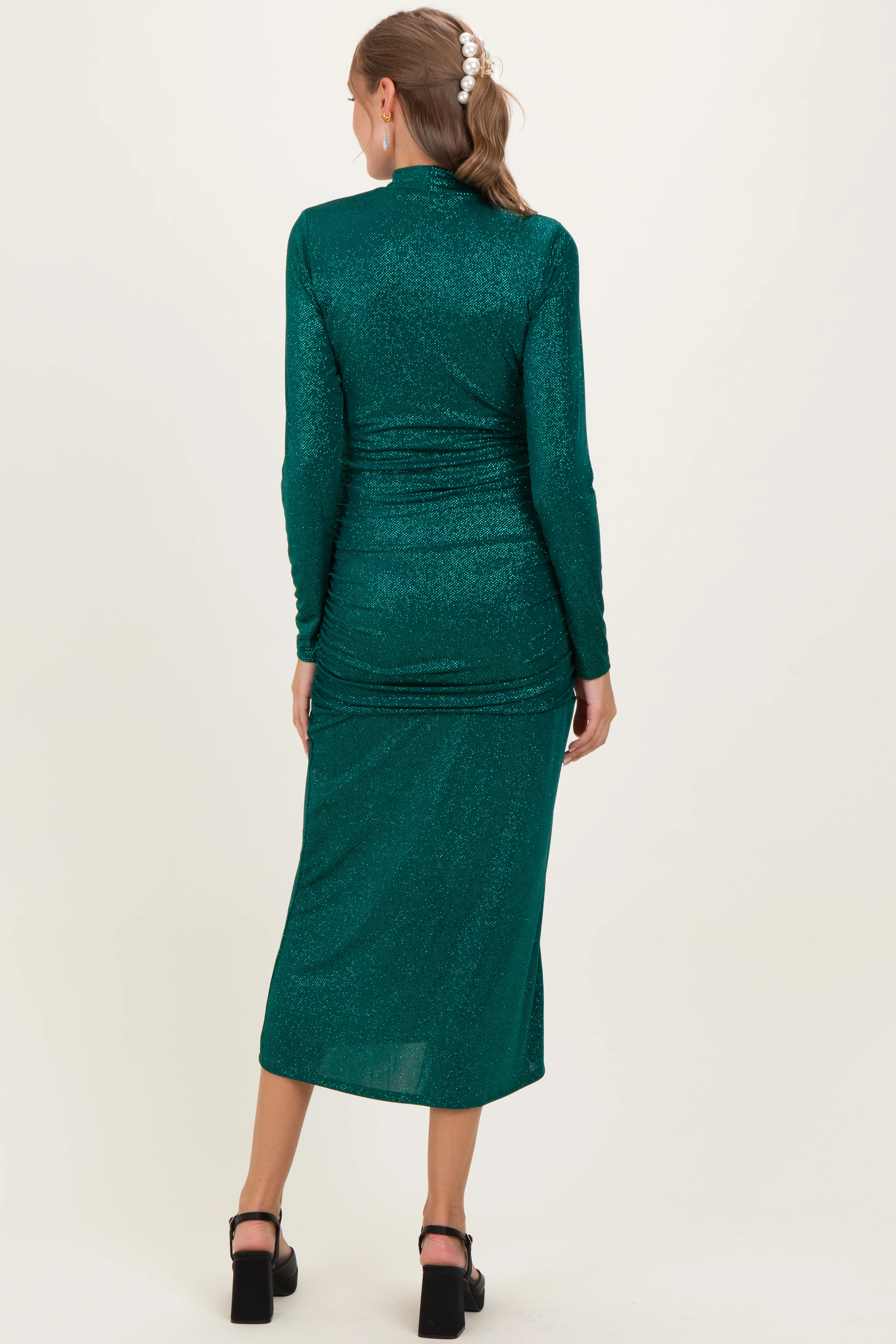 Green Sequin Long Sleeve Mock Neck Maternity Maxi Dress - Image 4