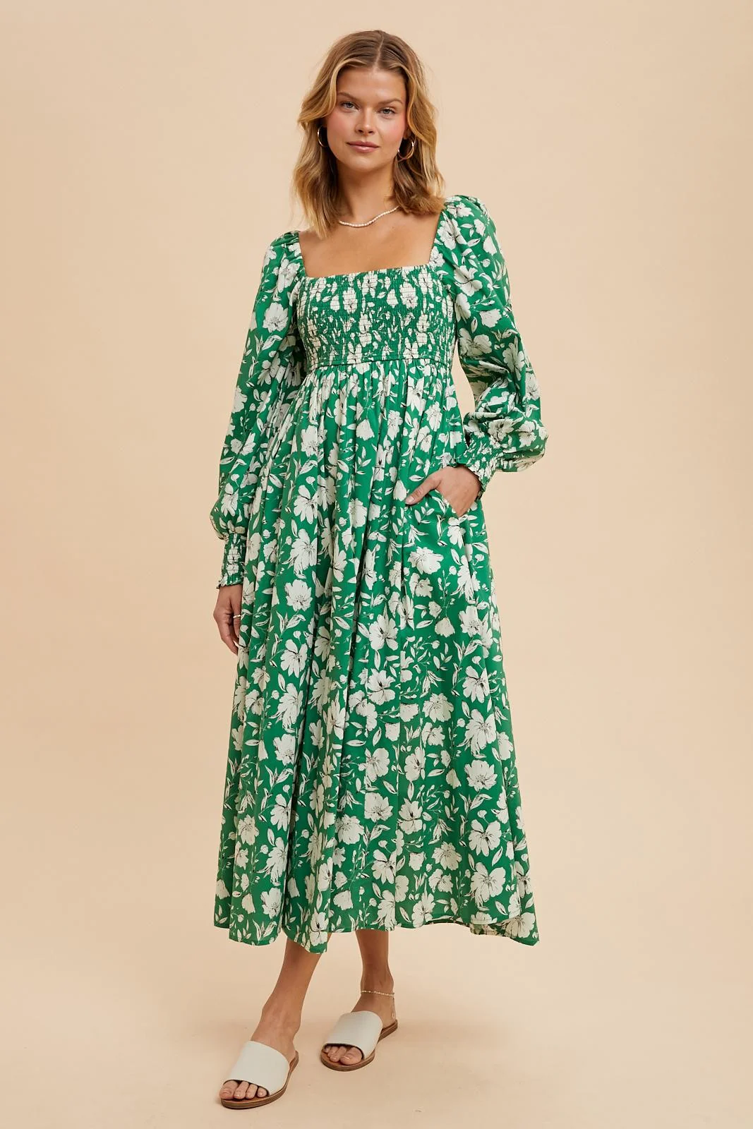 Green Smocked Cotton Floral Maternity Maxi Dress - Image 4
