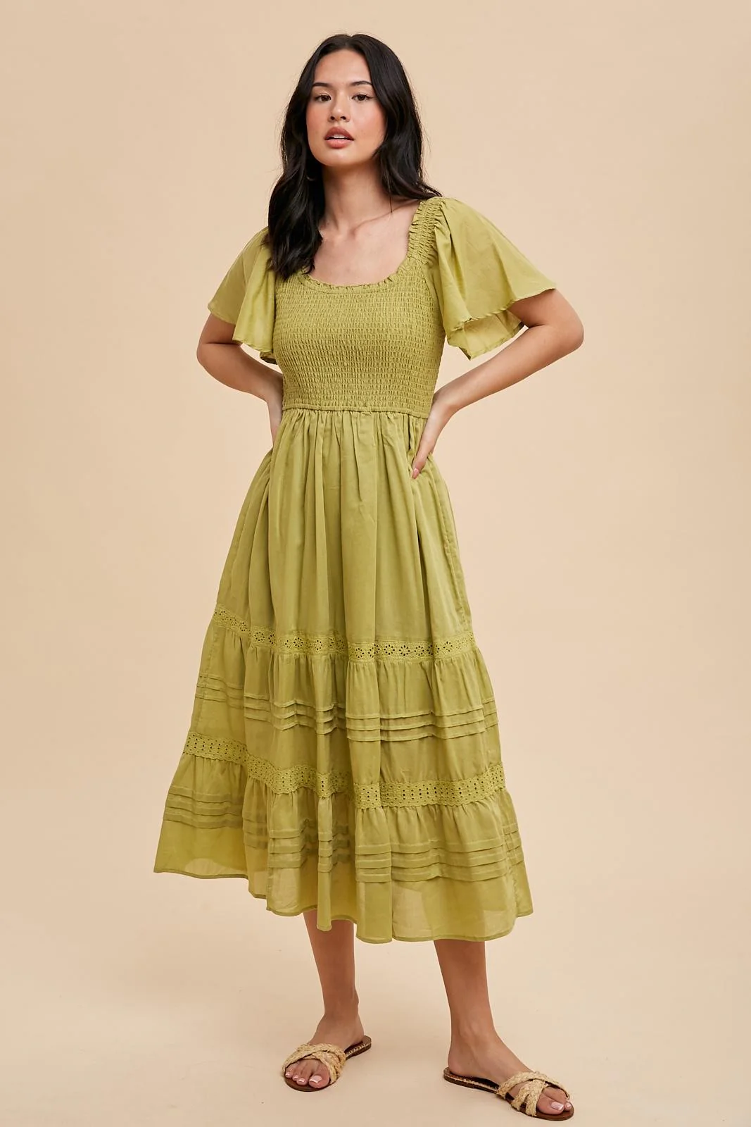 Green Smocked Short Sleeve Maternity Midi Dress - Image 6