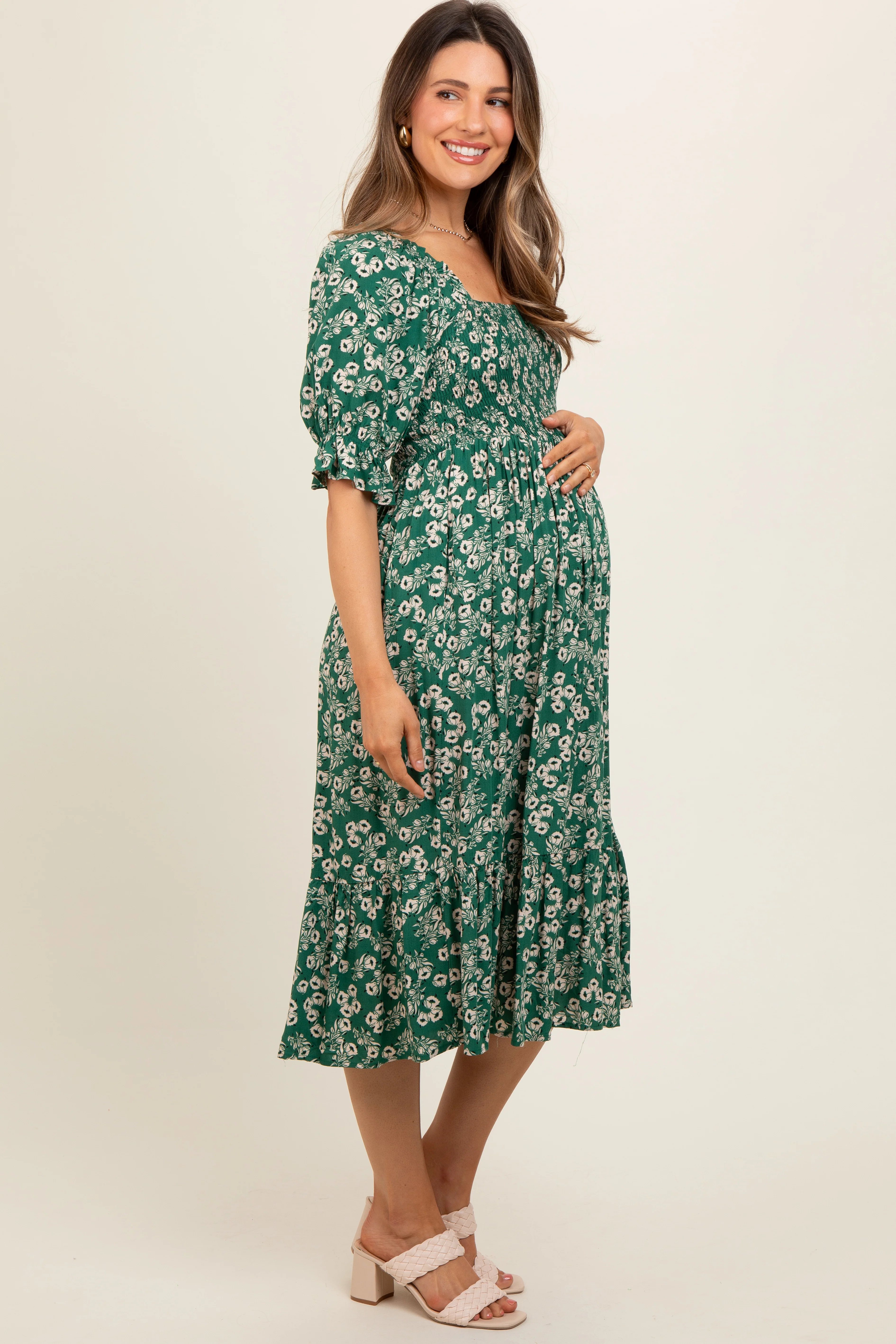Green Square Neck Smocked Maternity Dress - Image 3