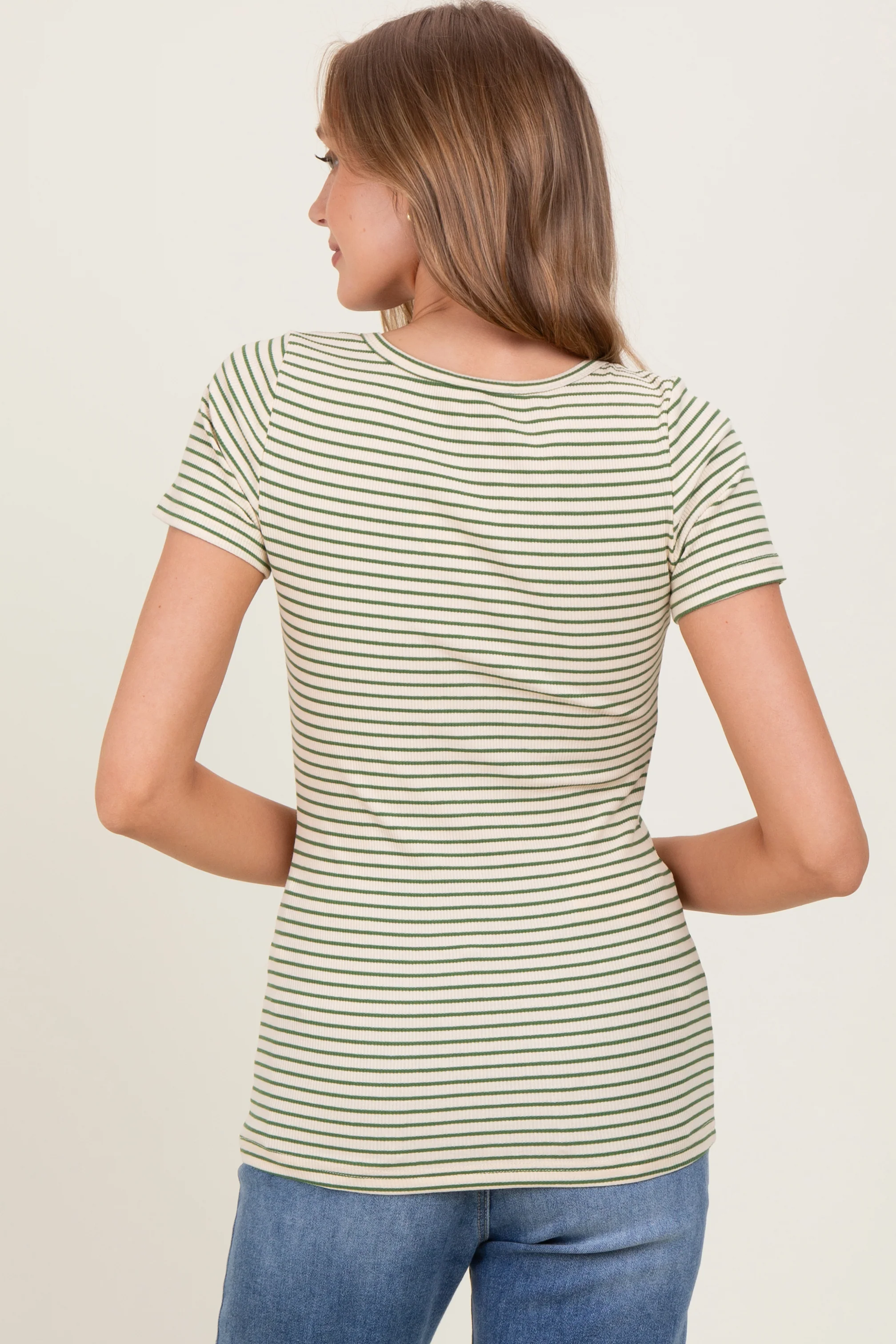 Green Striped Fitted Short Sleeve Top - Image 4
