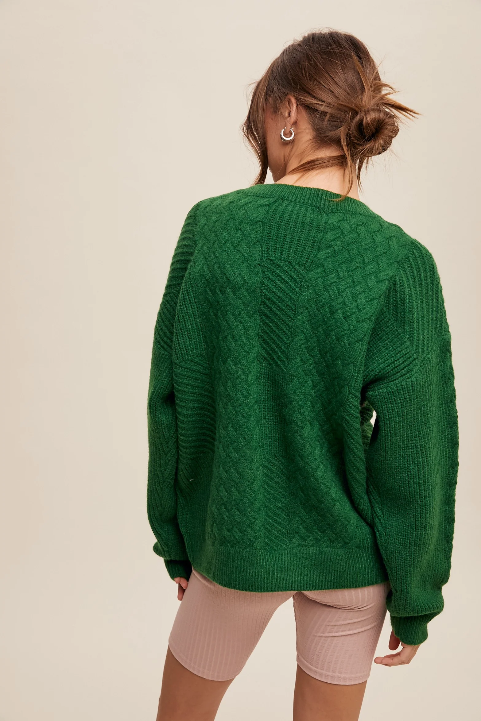 Green Striped Mixed Cable Knit Sweater - Image 4