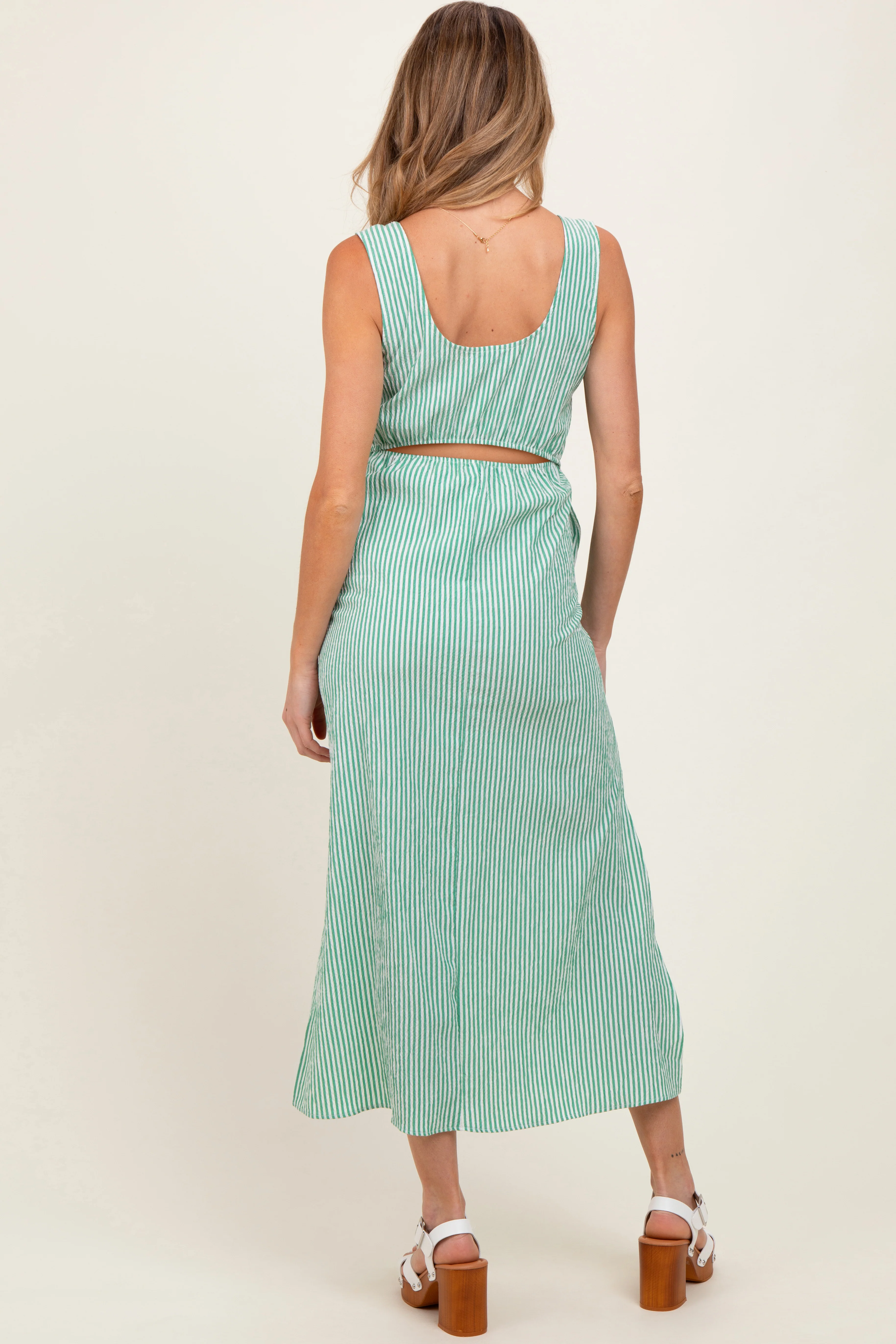 Green Striped Sleeveless Cutout Side Slit Maternity Maxi Dress - Image 3