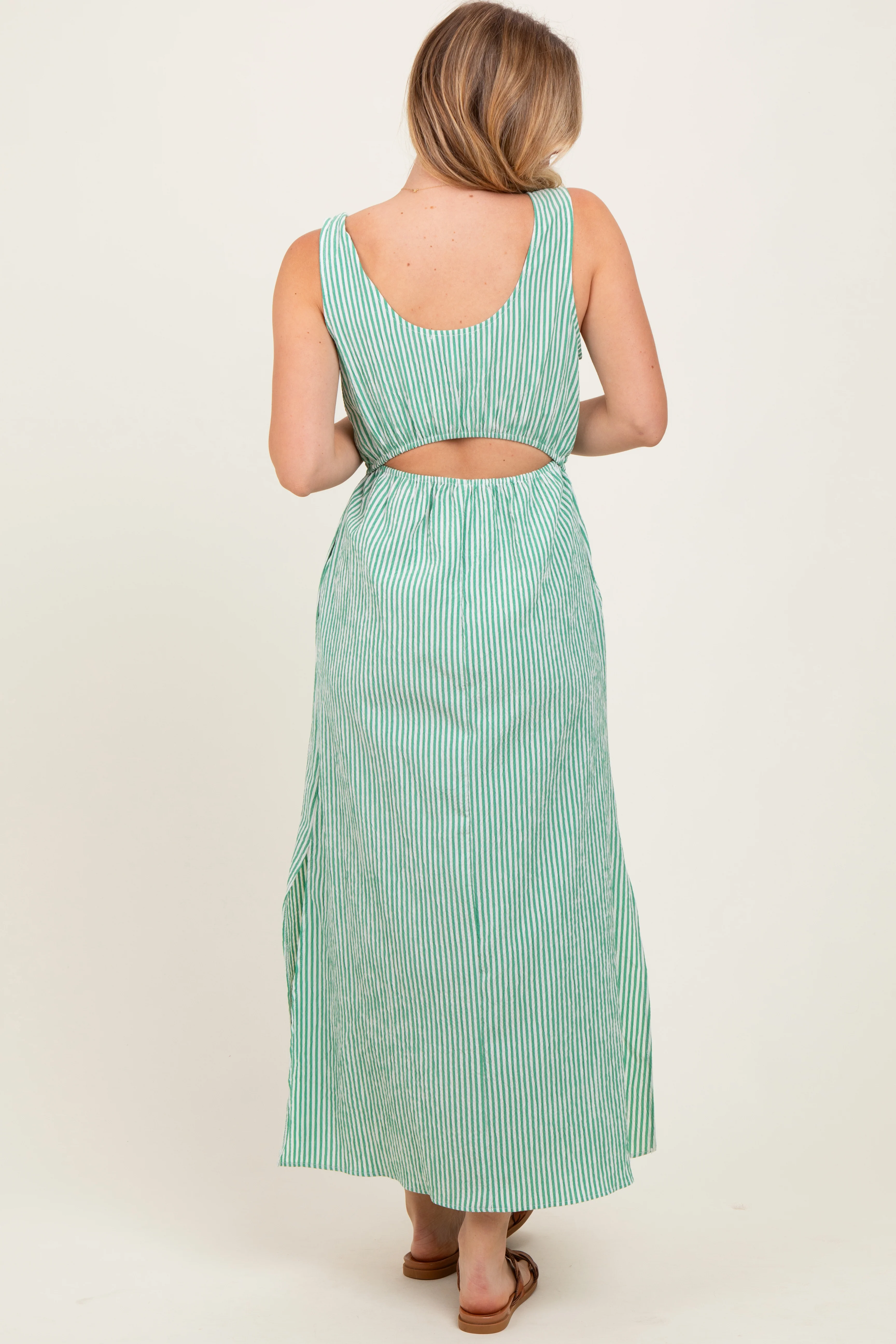 Green Striped Sleeveless Cutout Side Slit Maxi Dress - Image 4