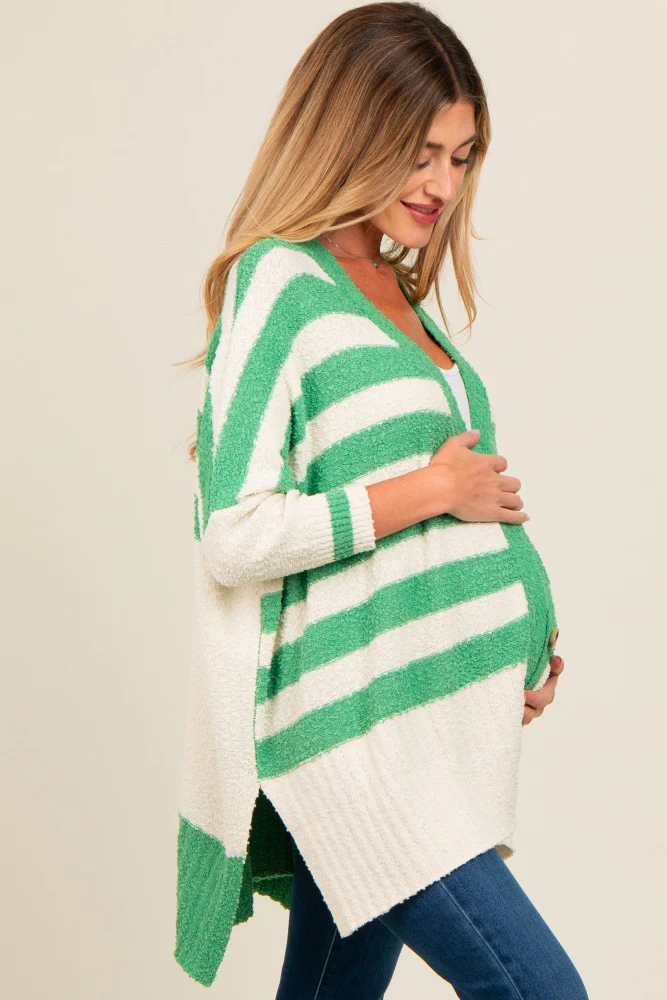 Green Textured Knit Striped Oversized Maternity Cardigan - Image 3