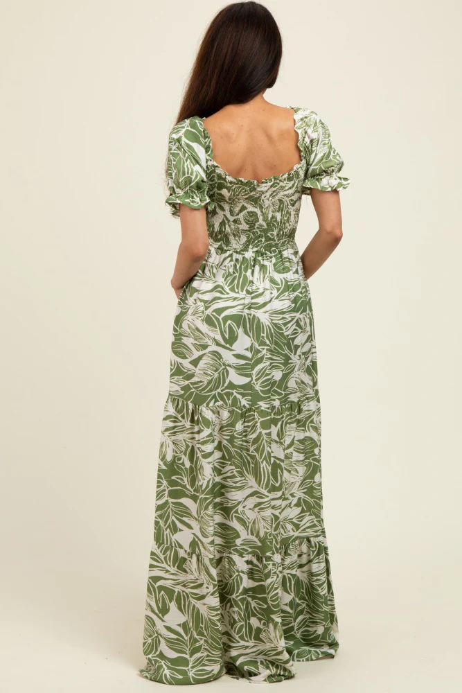 Green Tropical Print Smocked Front Tie Maxi Dress - Image 3
