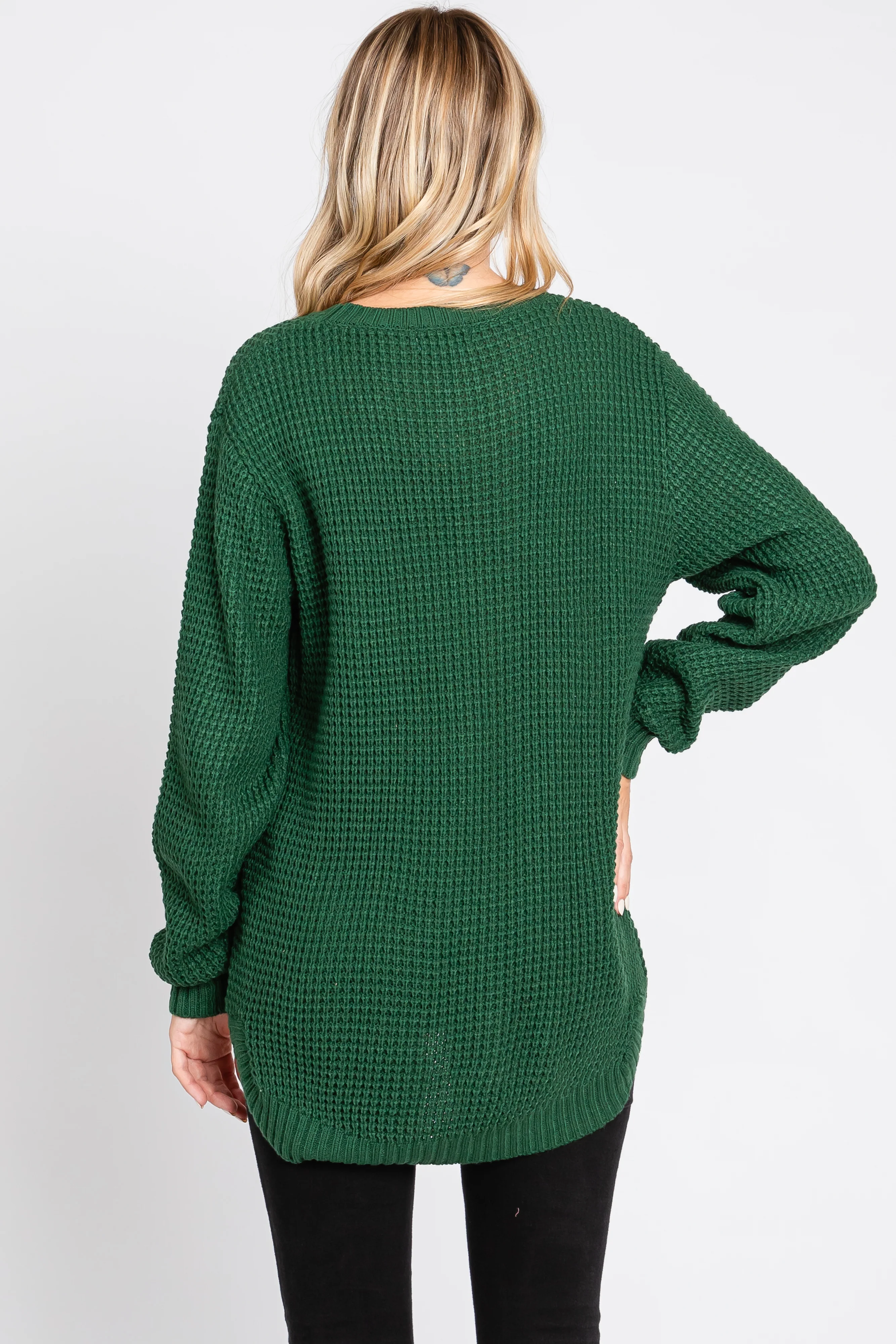Green Waffle Knit Round Hem Sweater - Image 3