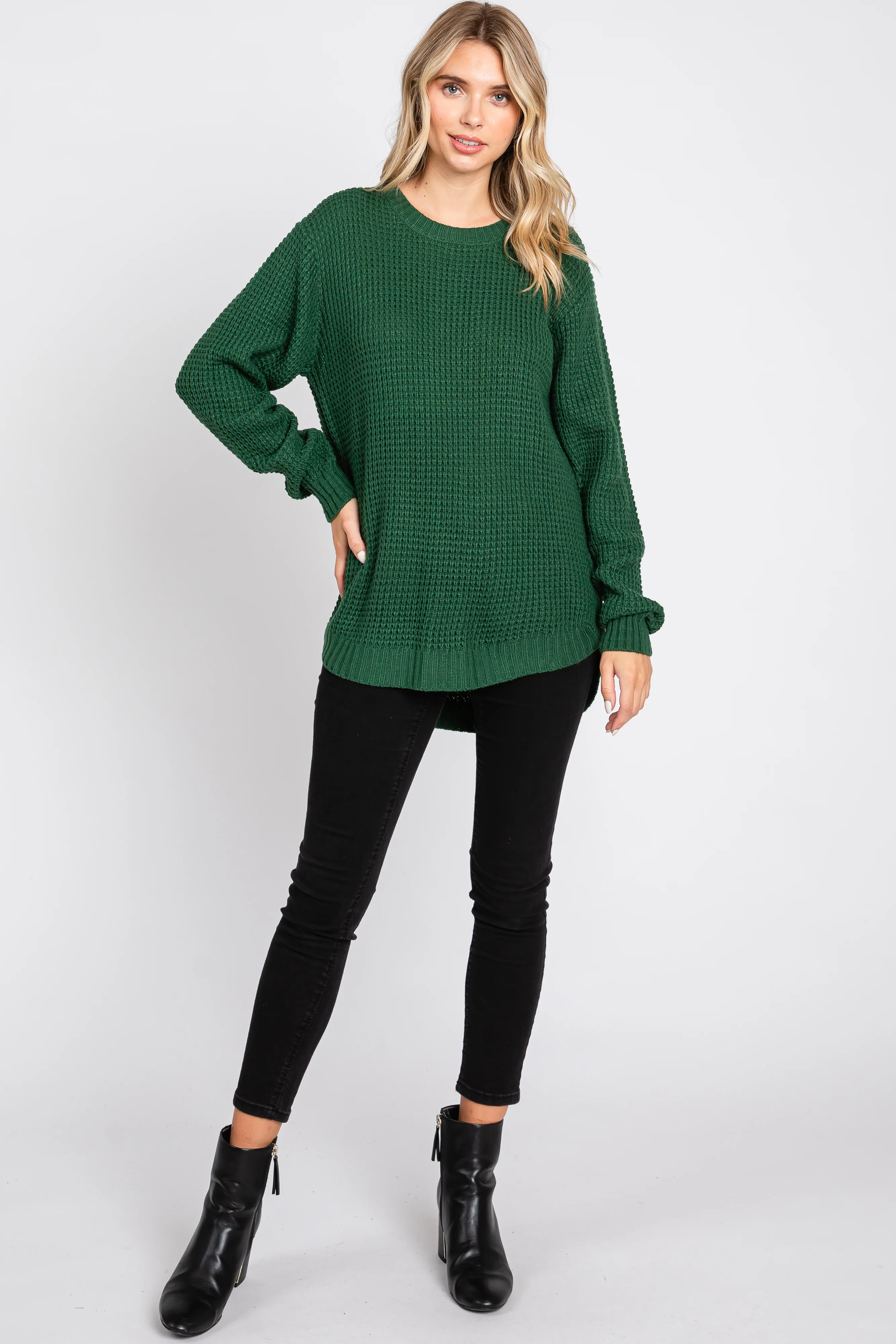 Green Waffle Knit Round Hem Sweater - Image 4