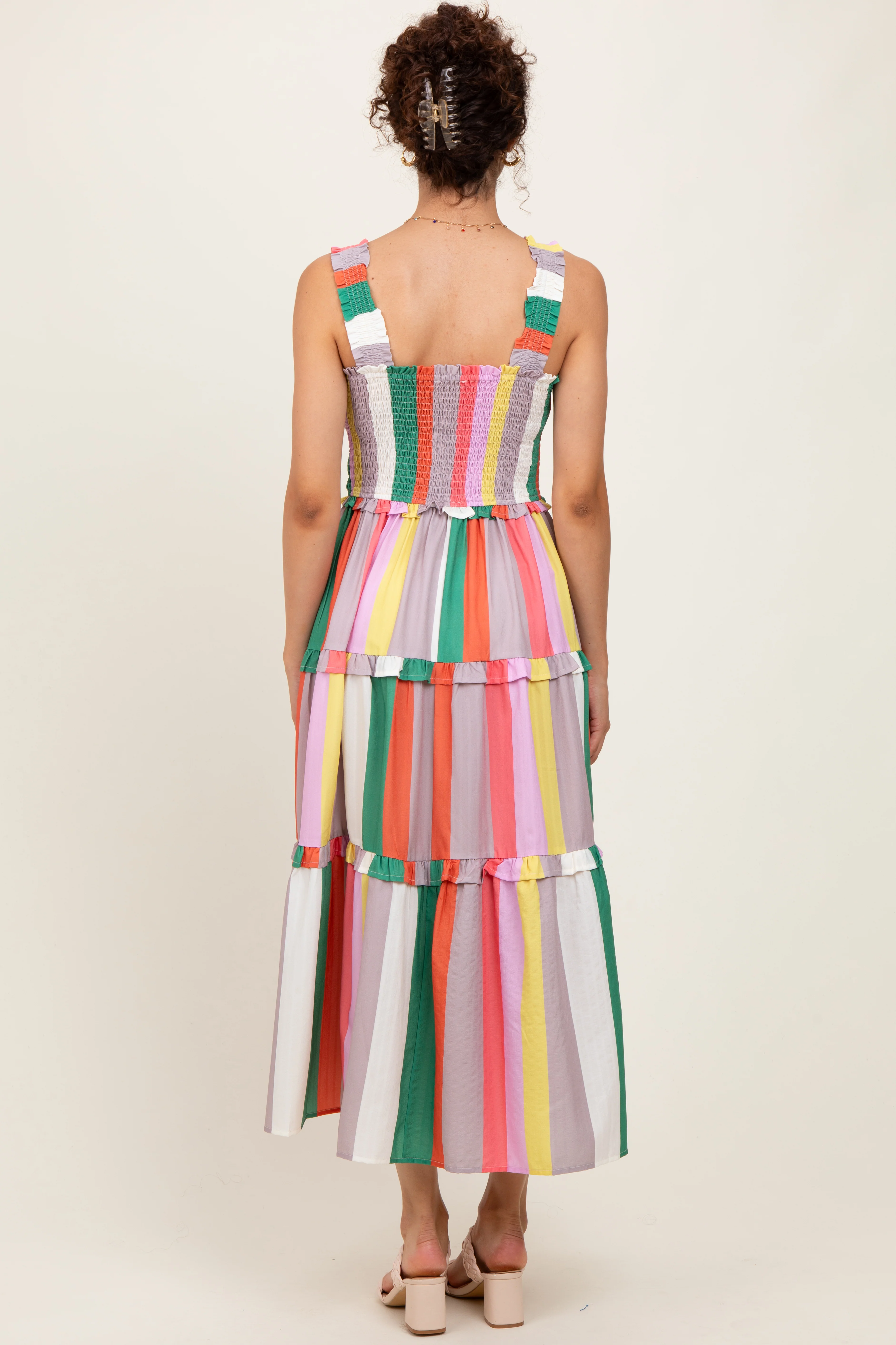 Green Wide Stripe Smocked Tiered Midi Dress - Image 3