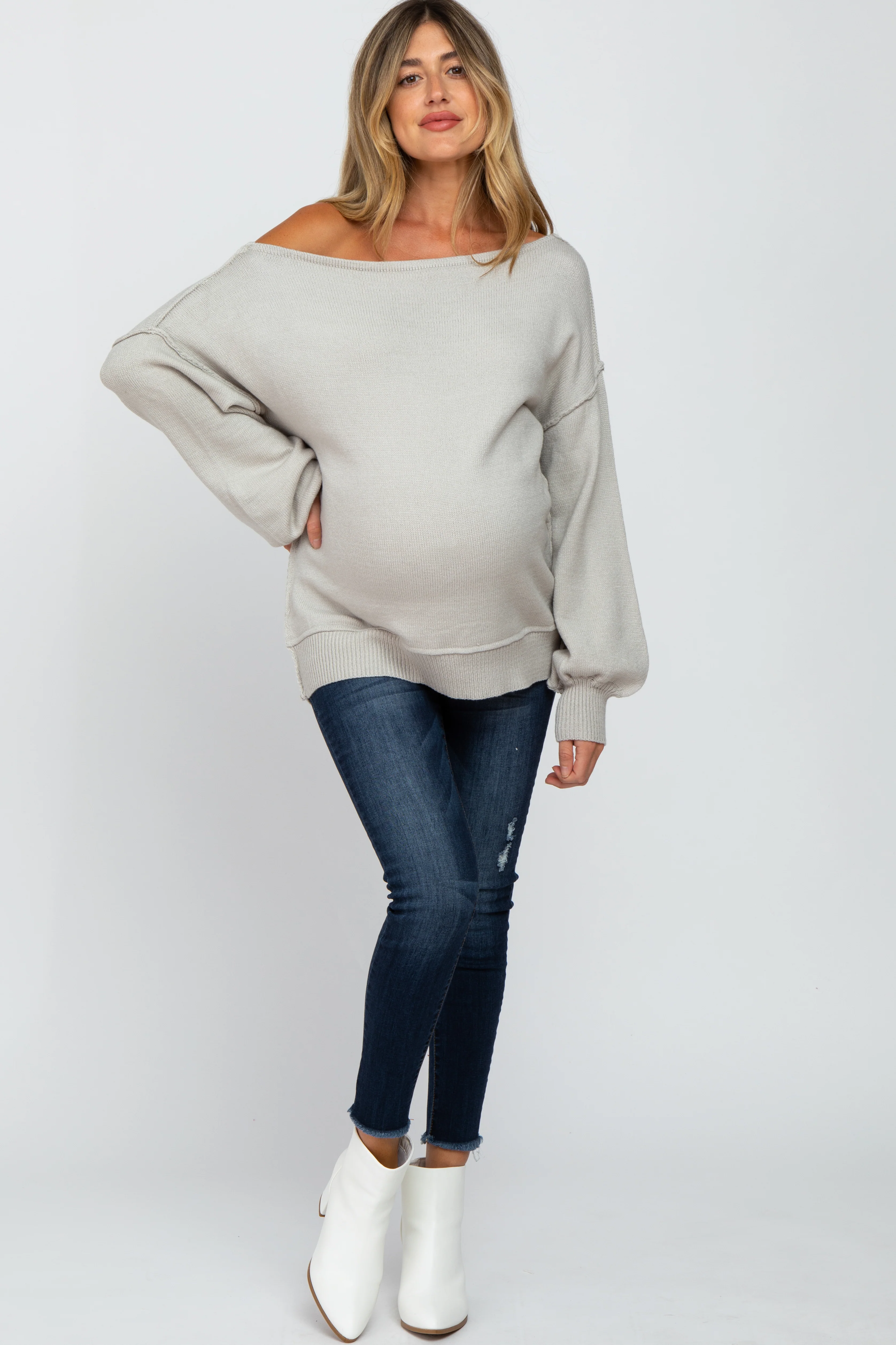 Grey Boat Neck Bubble Sleeve Maternity Sweater - Image 3