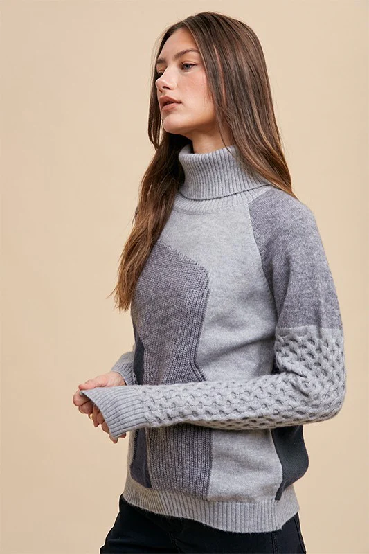 Grey Combo Turtleneck Multi Pattern Mixed Sweater Top - Image 2