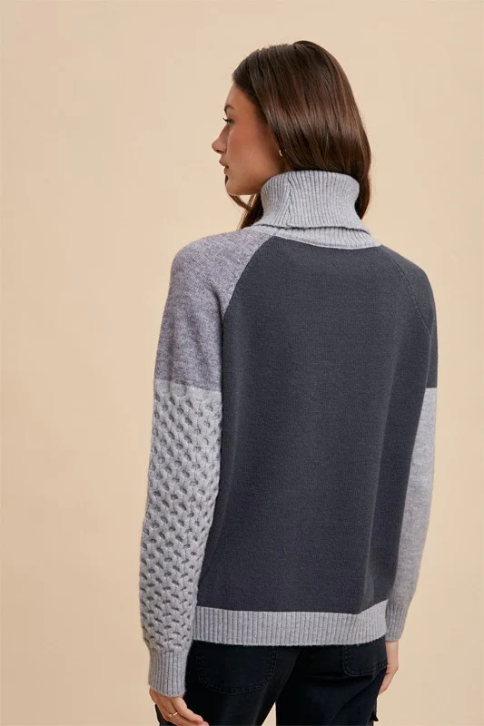 Grey Combo Turtleneck Multi Pattern Mixed Sweater Top - Image 3