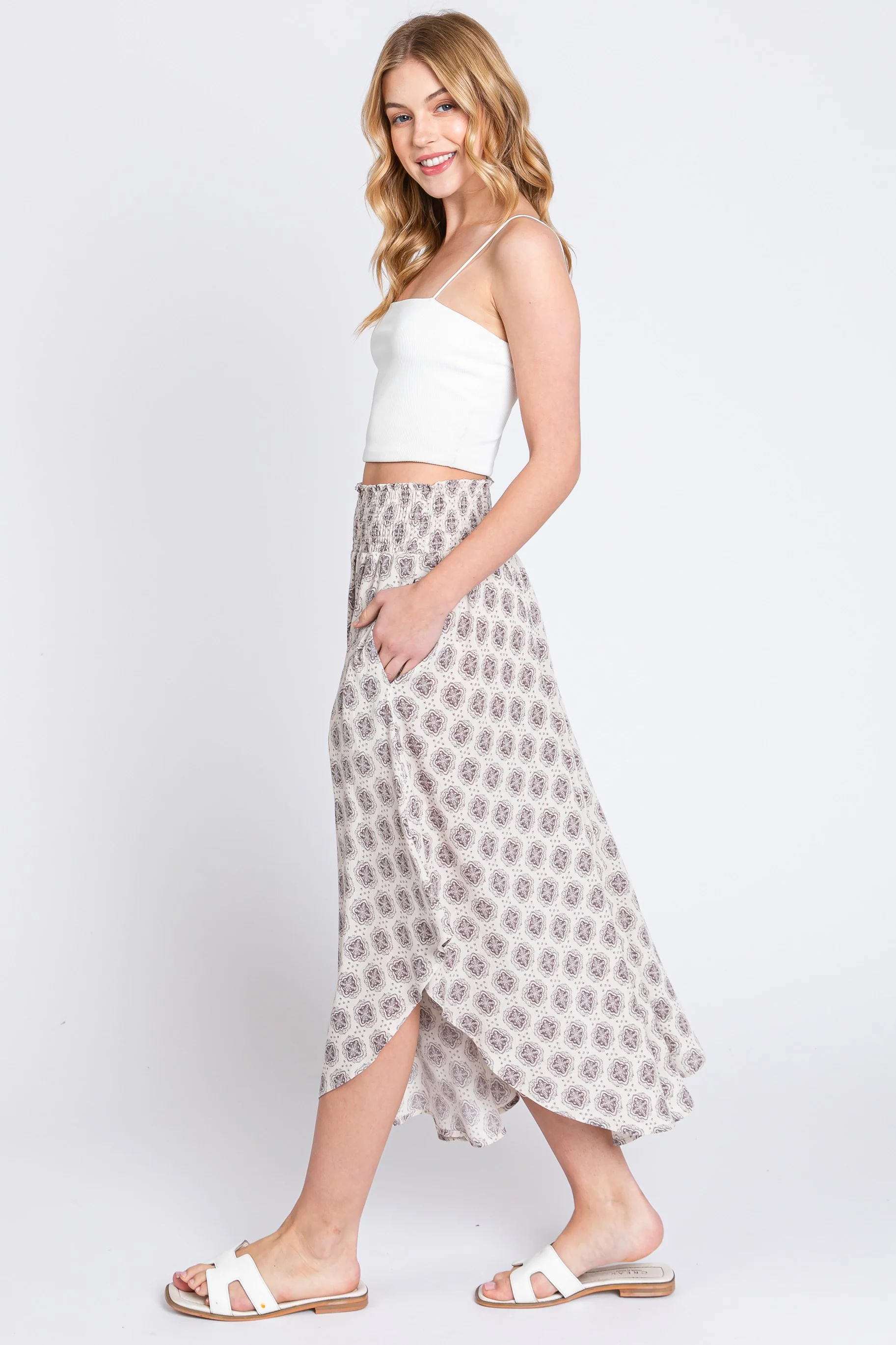 Grey Damask Print Smocked Waistband Midi Skirt - Image 2