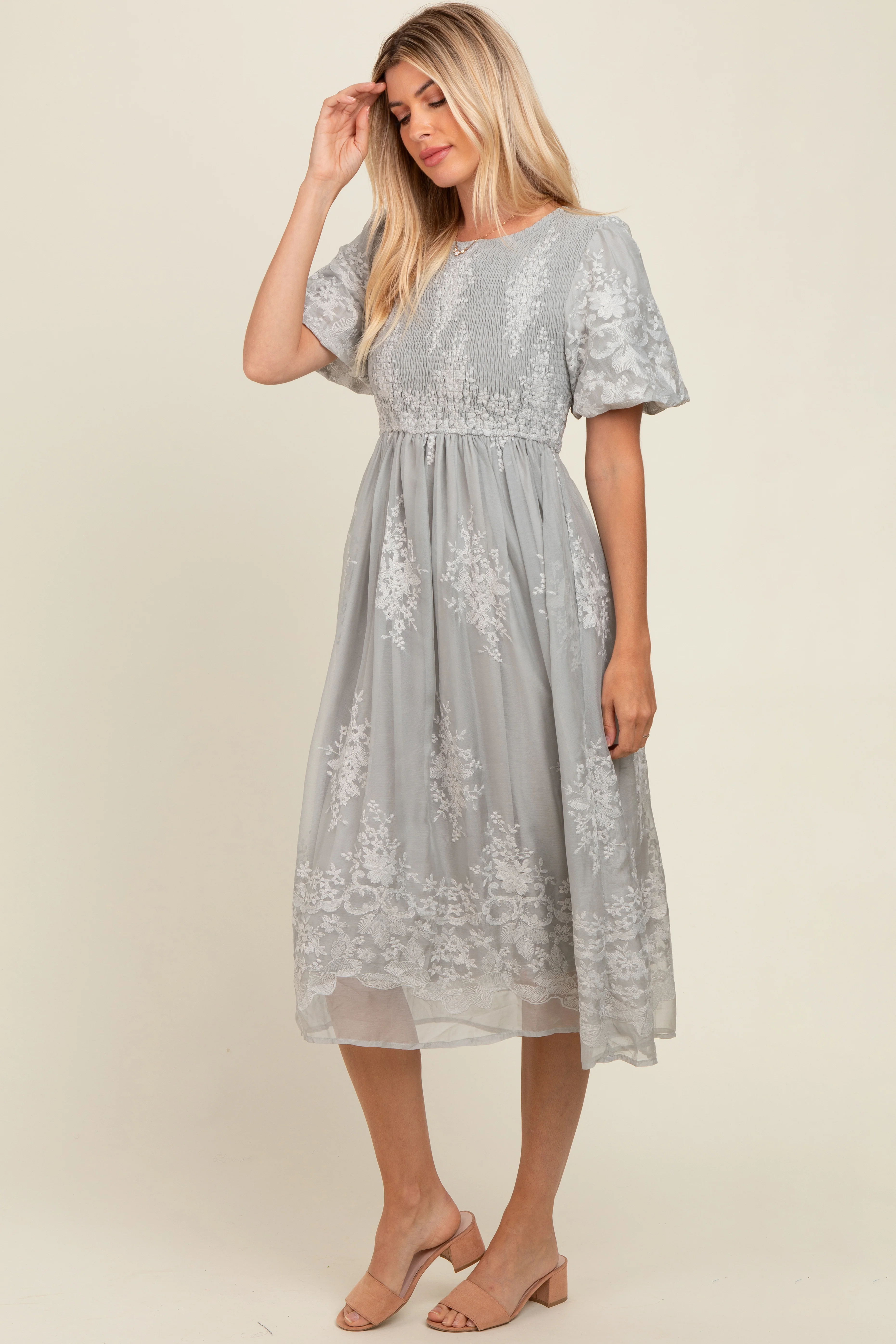 Grey Floral Lace Smocked Midi Dress - Image 3