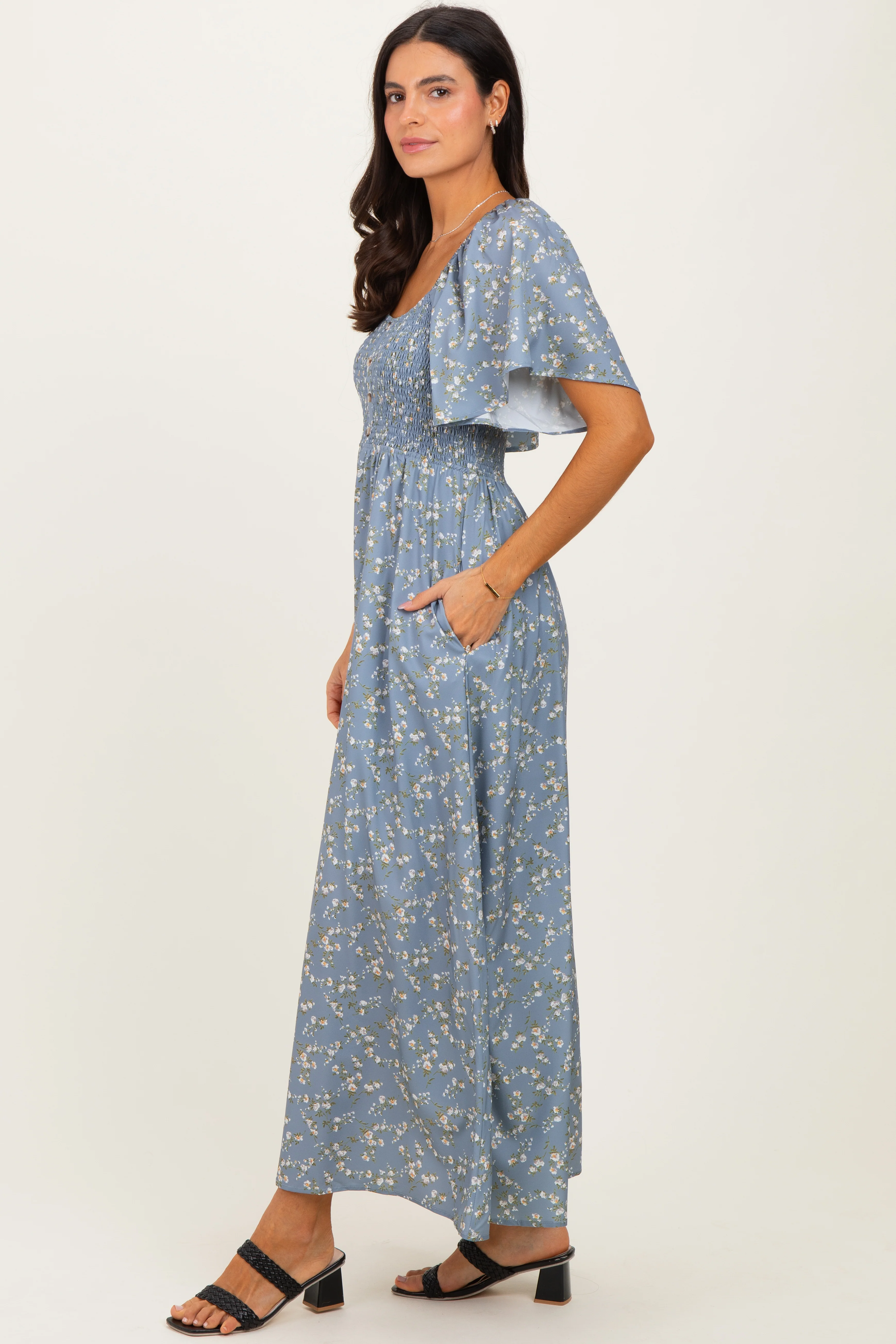 Grey Floral Smocked Flutter Sleeve Midi Dress - Image 3