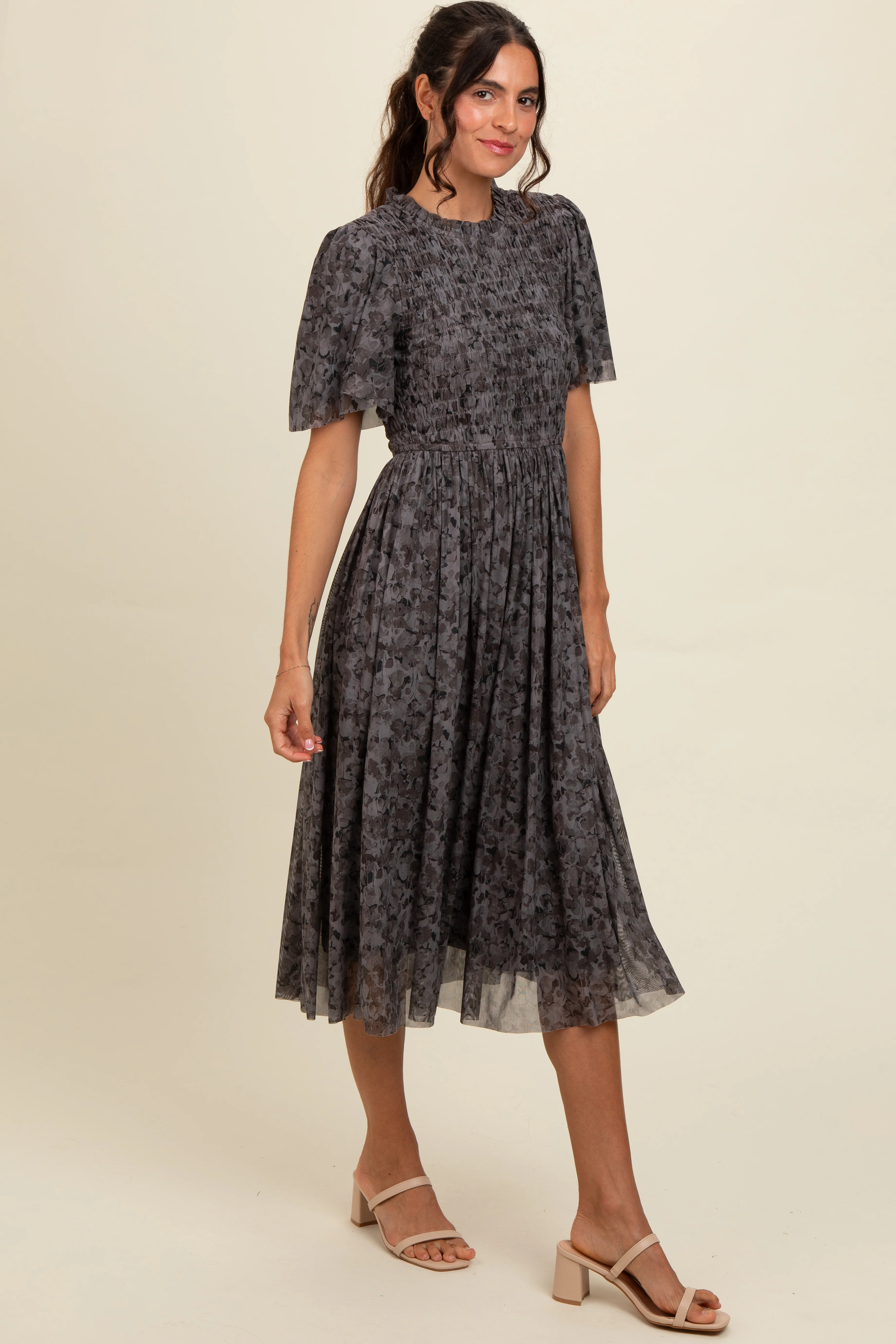 Grey Floral Smocked Maternity Midi Dress - Image 4