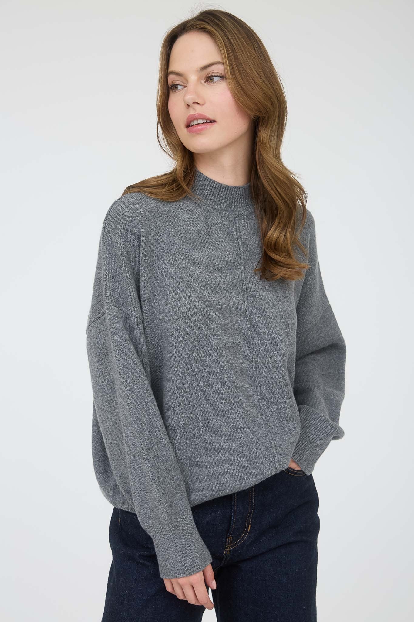 Grey Front Seam Mock Neck Maternity Sweater - Image 4