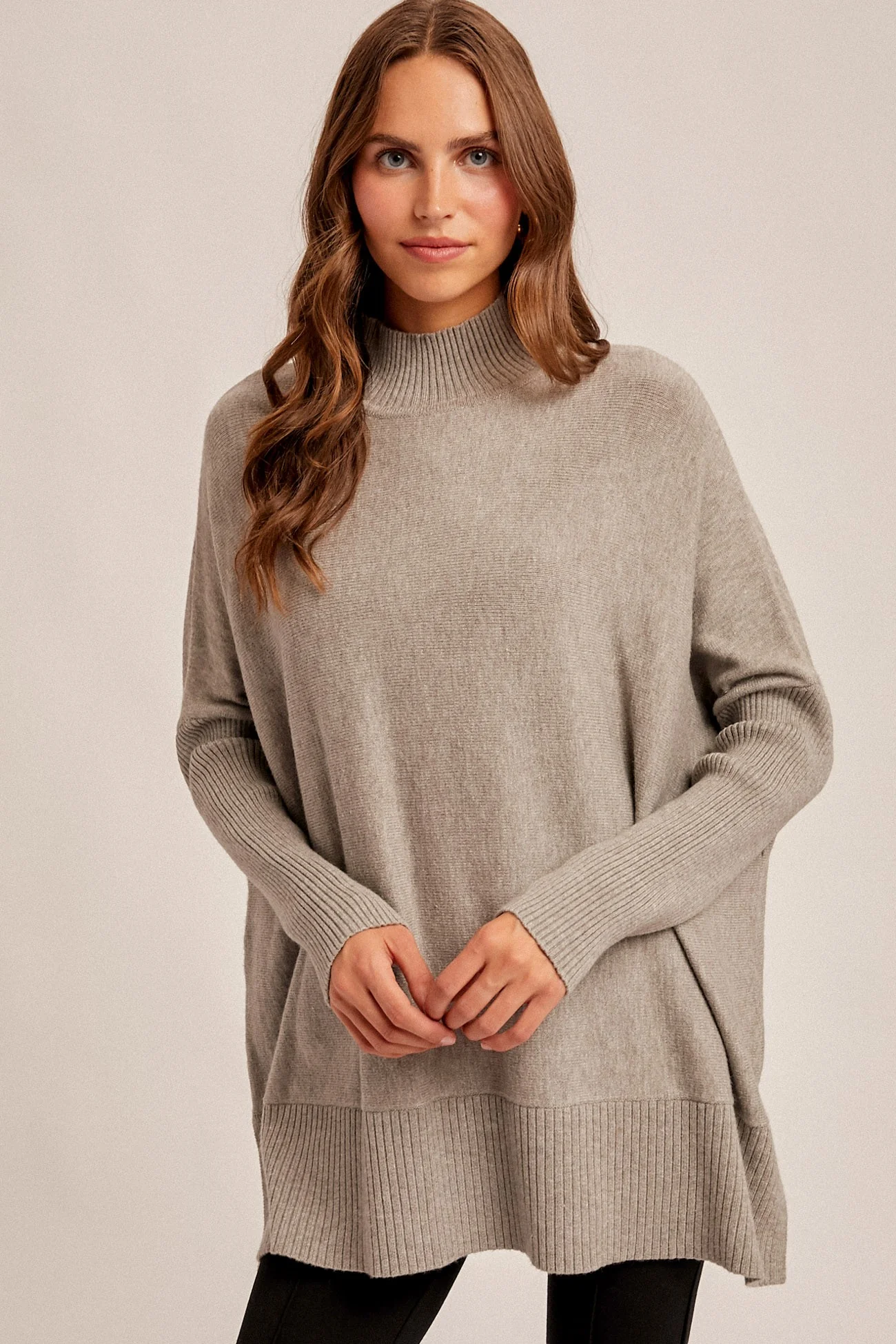 Grey Mock Neck Oversized Sir Slit Maternity Sweater Top - Image 4