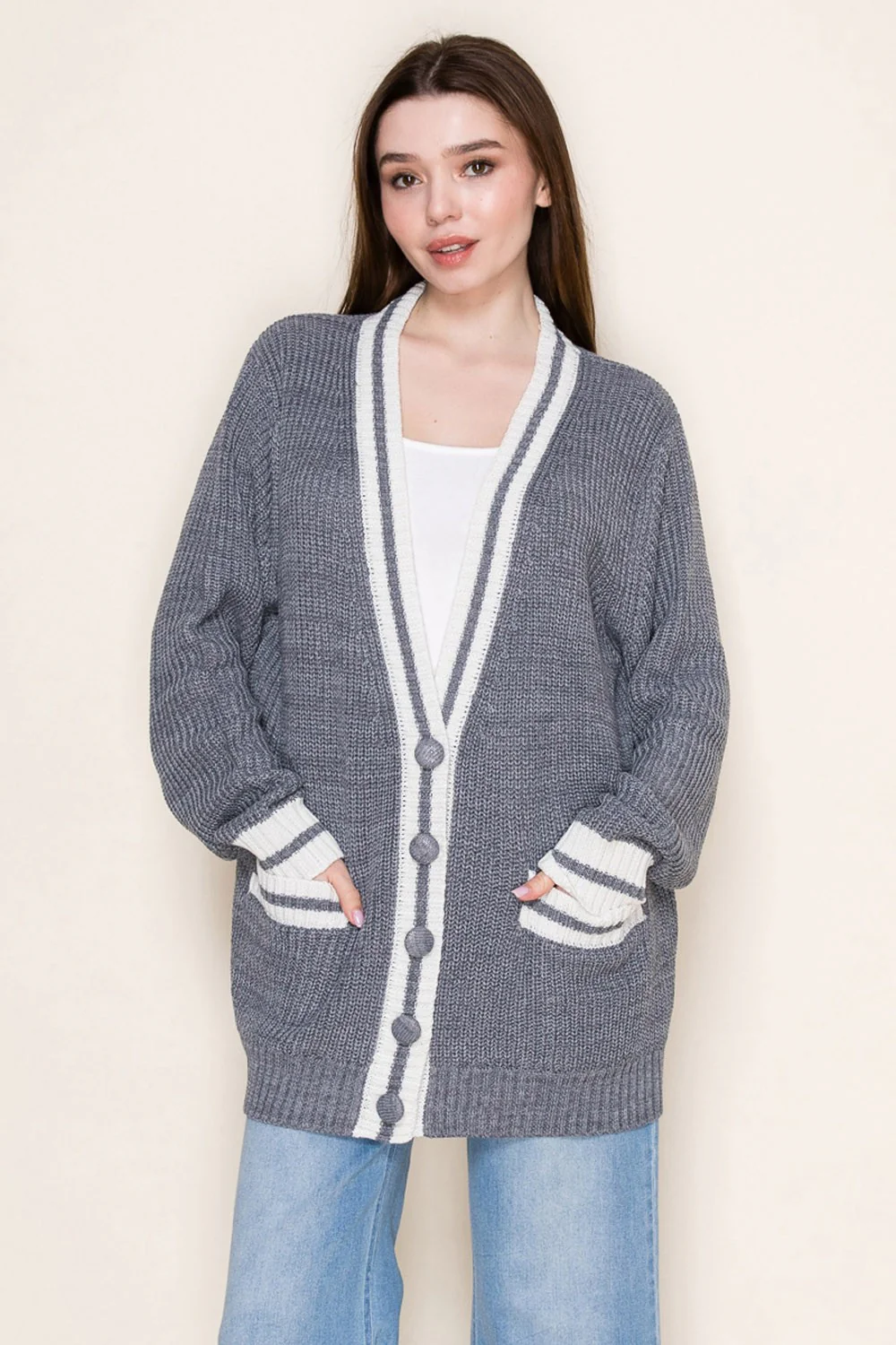 Grey Oversized Contrast Stripe Maternity Button Cardigan - Image 5