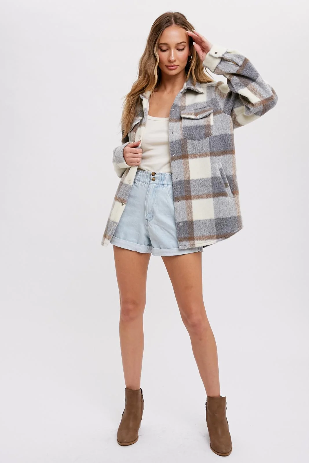 Grey Plaid Fleece Shirt Jacket - Image 3