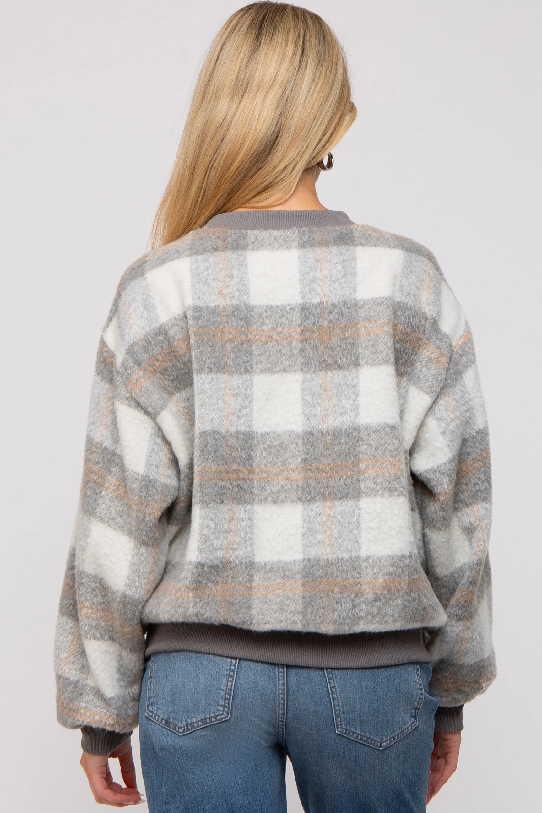 Grey Plaid Fuzzy Knit Maternity Pullover Sweater - Image 3
