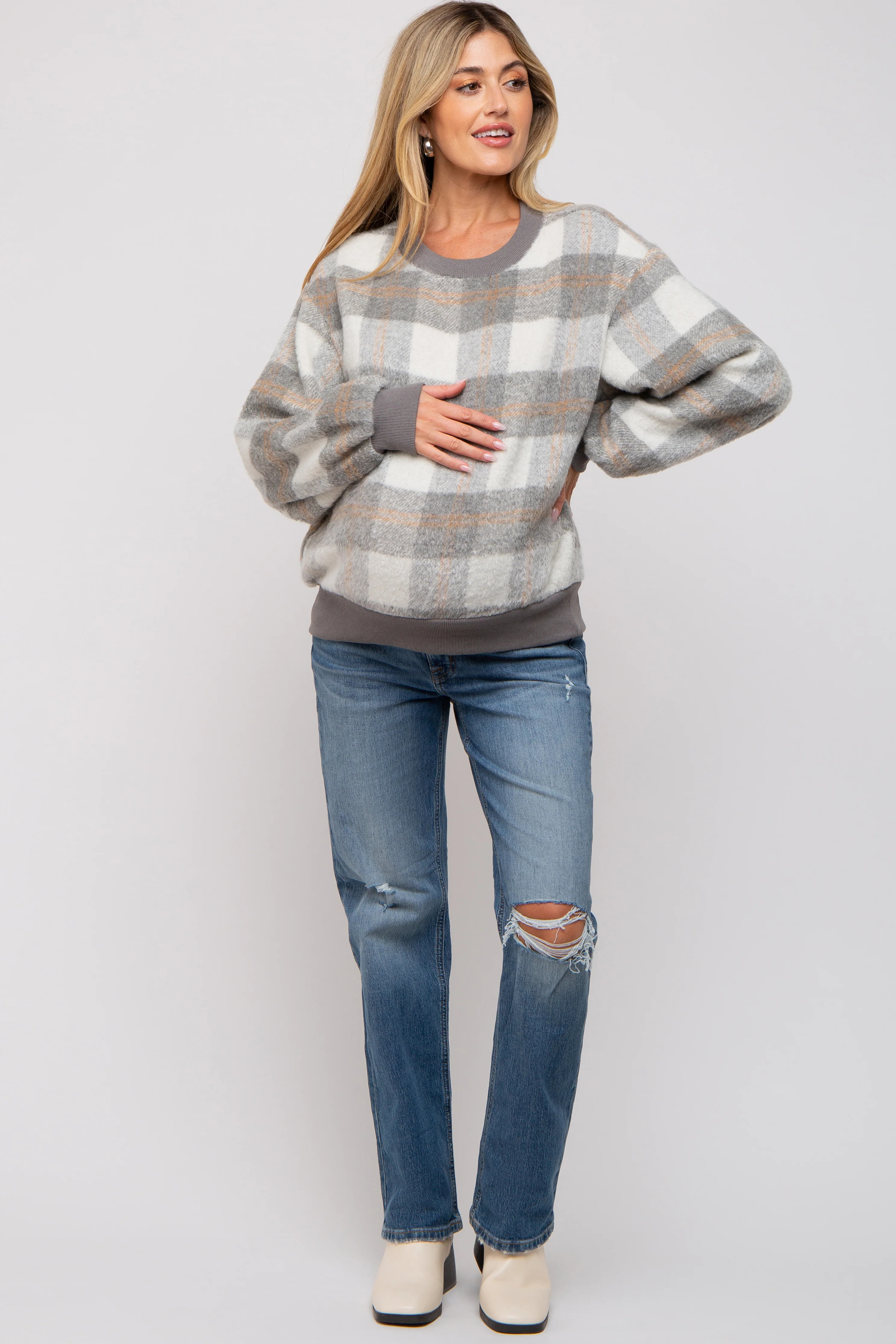 Grey Plaid Fuzzy Knit Maternity Pullover Sweater - Image 4