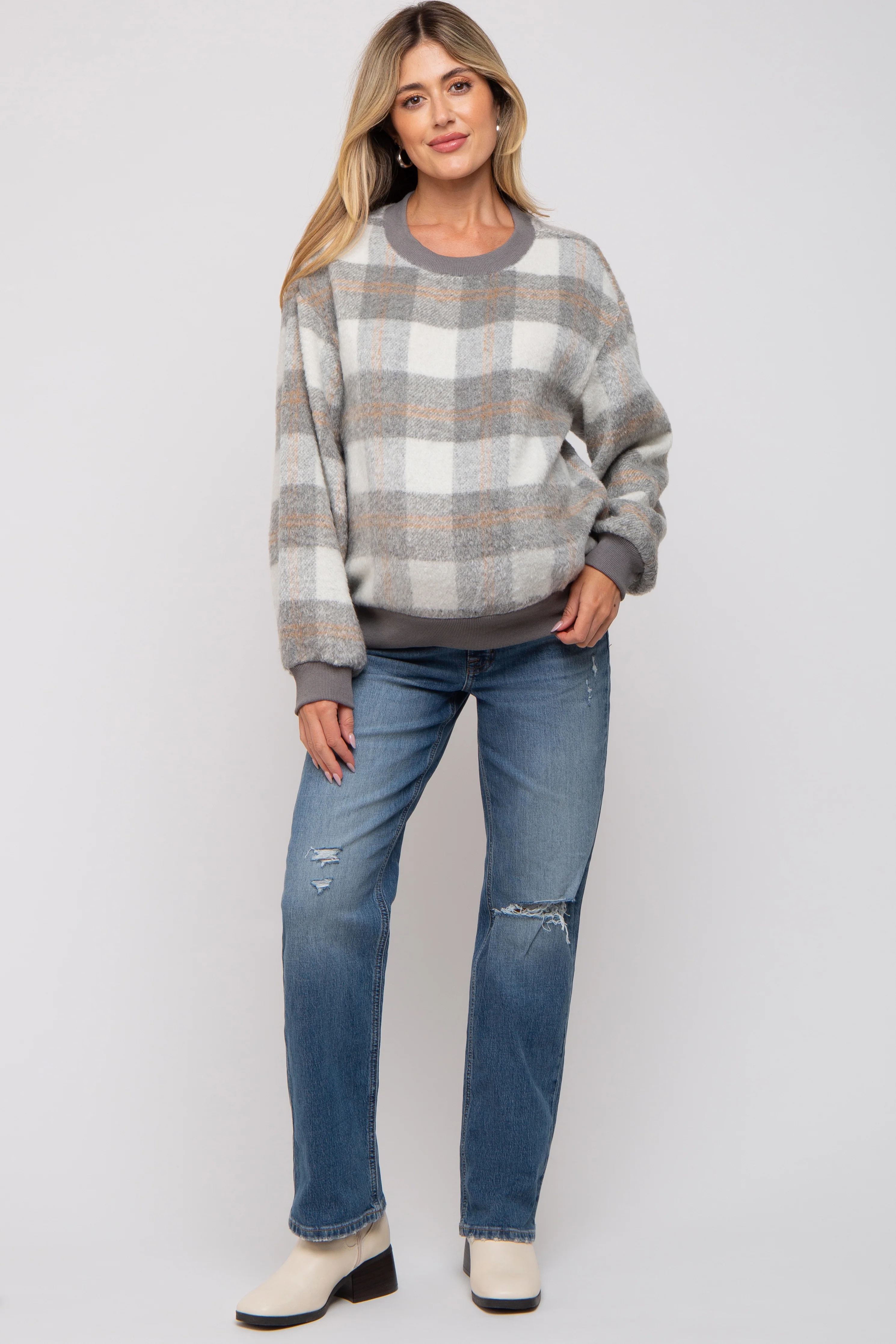 Grey Plaid Fuzzy Knit Maternity Pullover Sweater - Image 5