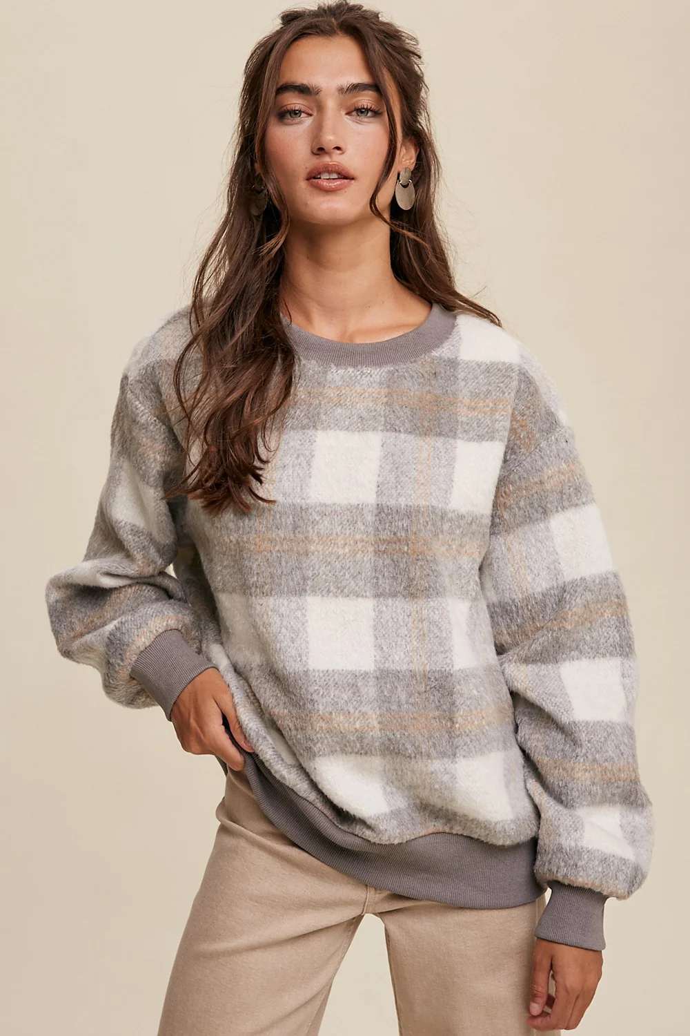 Grey Plaid Fuzzy Knit Maternity Pullover Sweater - Image 6