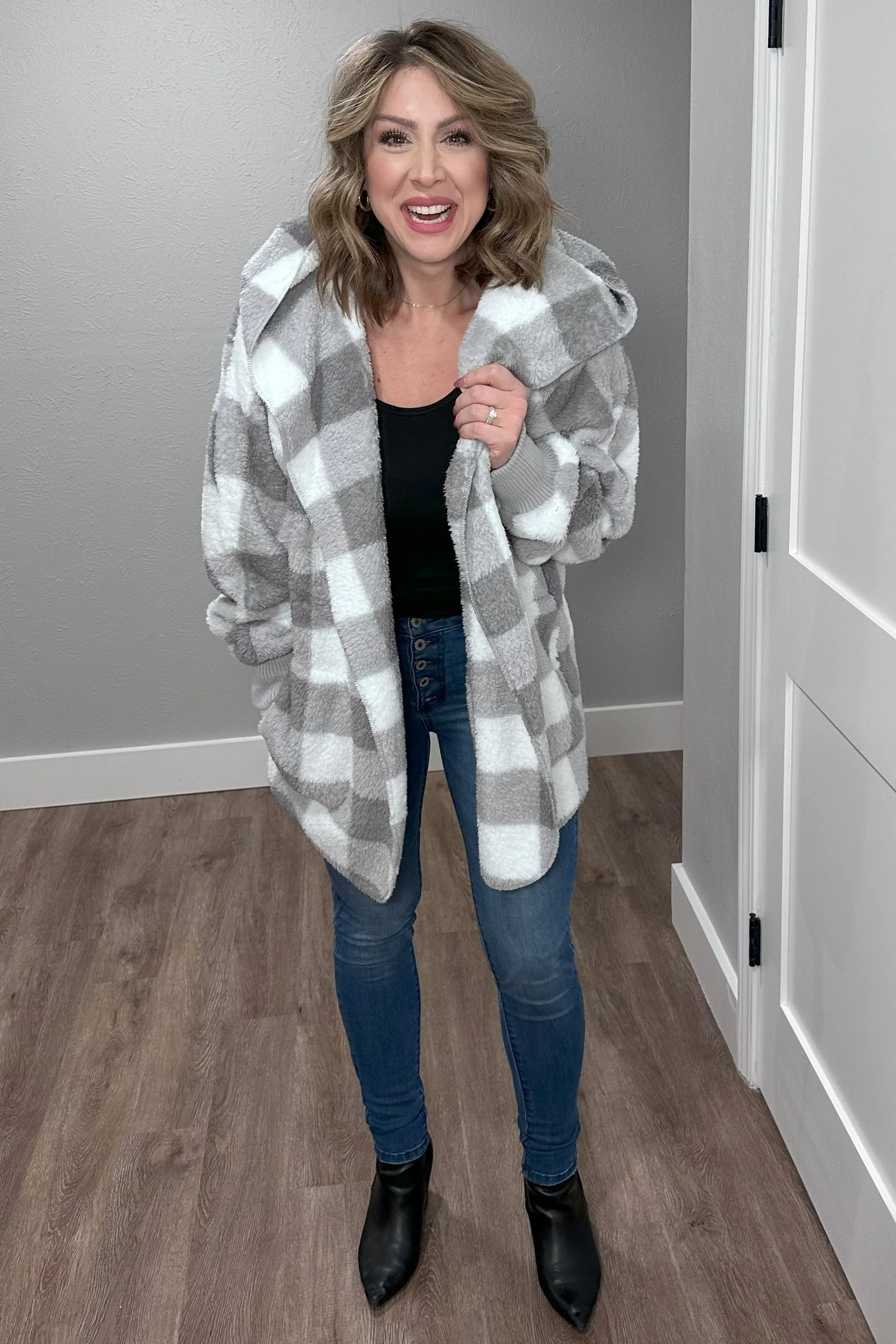 Grey Plaid Hooded Cardigan - Image 2