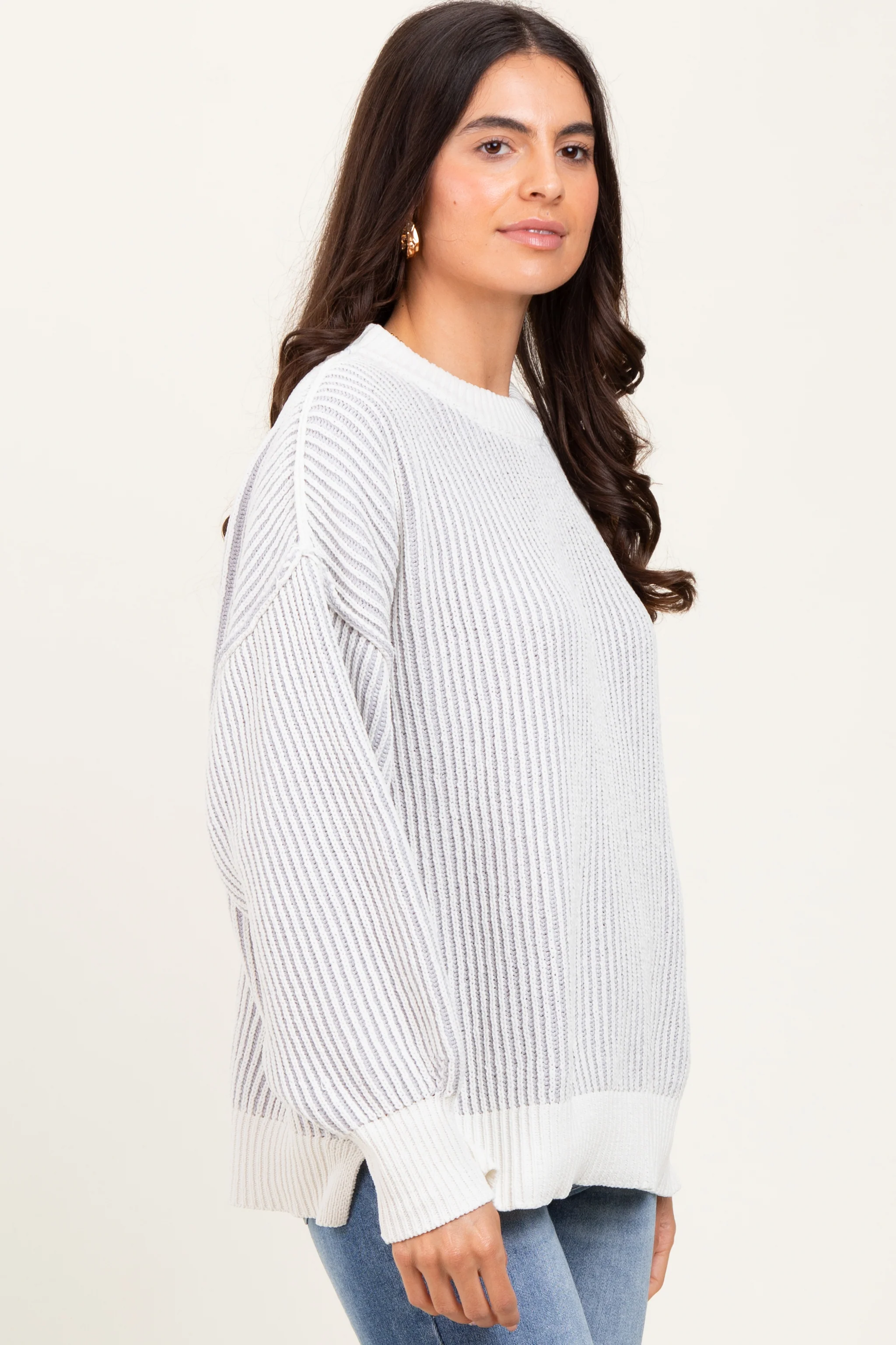 Grey Ribbed Balloon Sleeve Sweater - Image 3