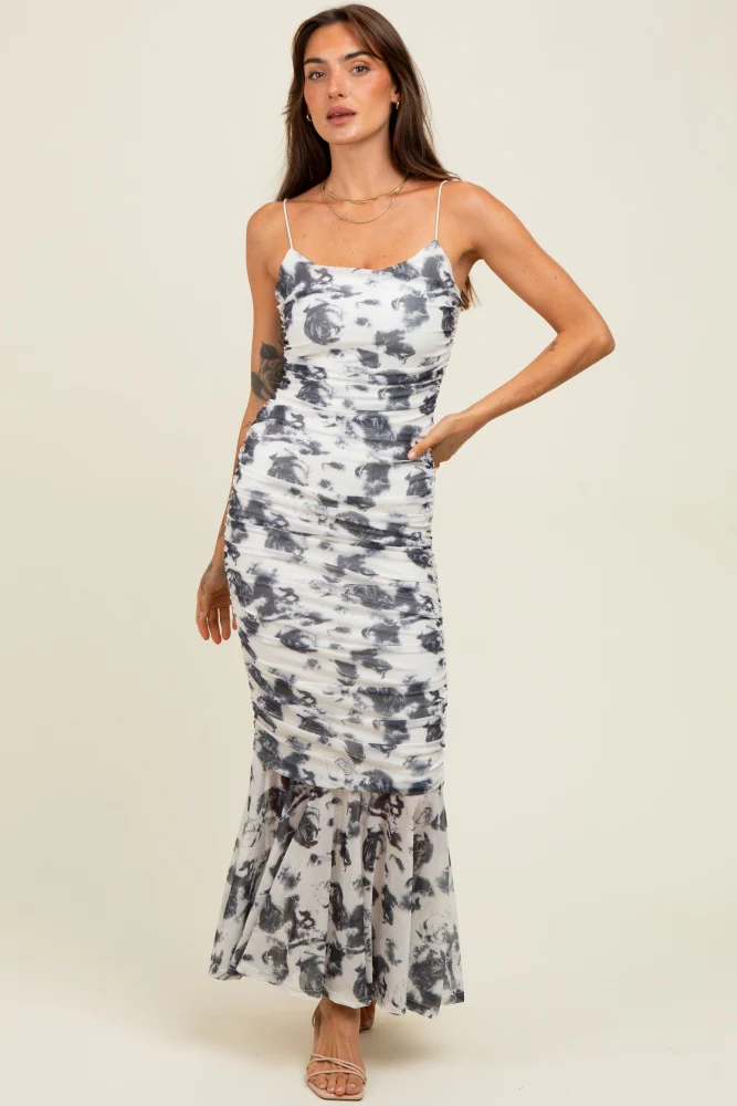 Grey Rose Floral Mesh Ruched Midi Dress - Image 2
