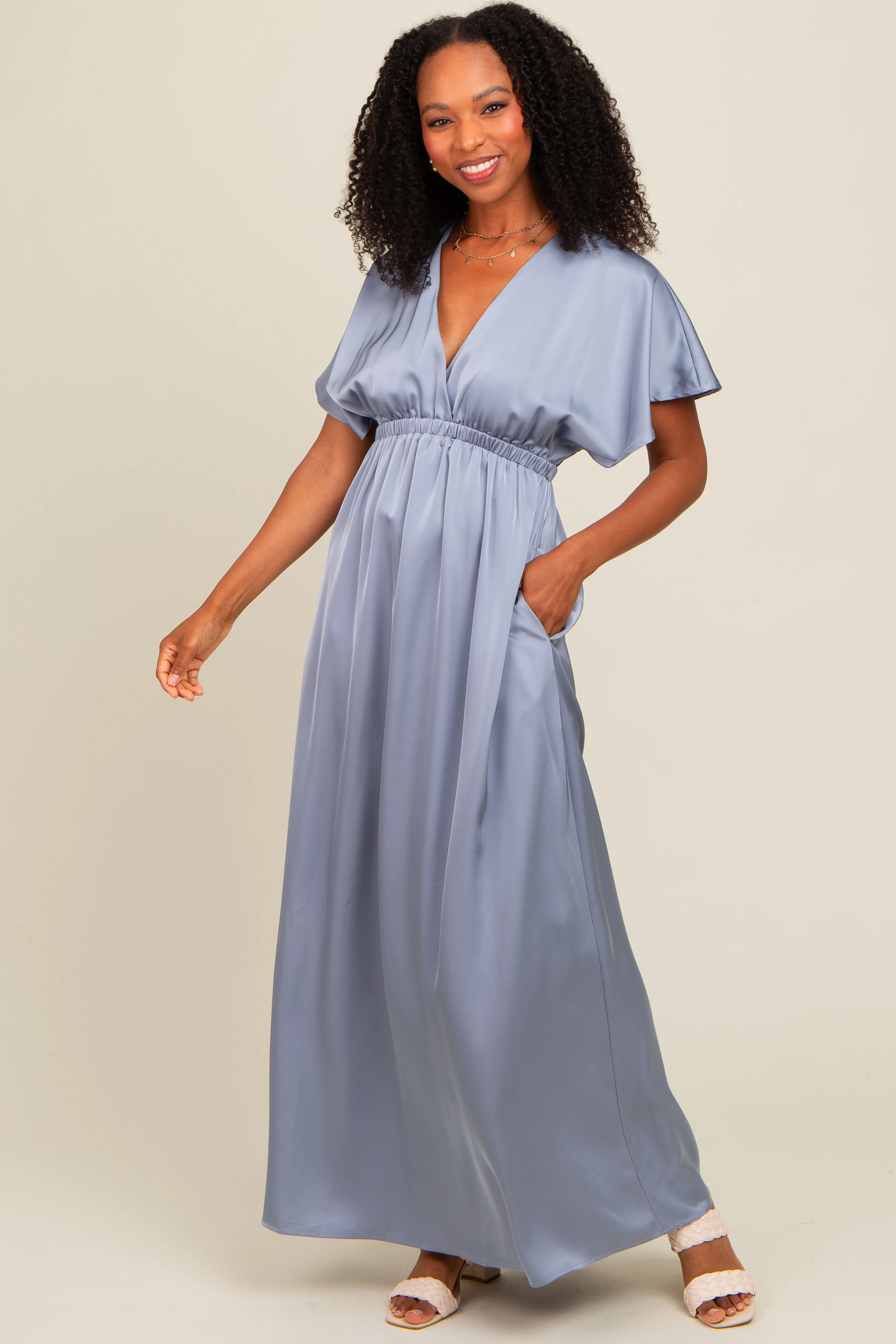 Grey Satin V-Neck Flutter Short Sleeve Maternity Maxi Dress - Image 5
