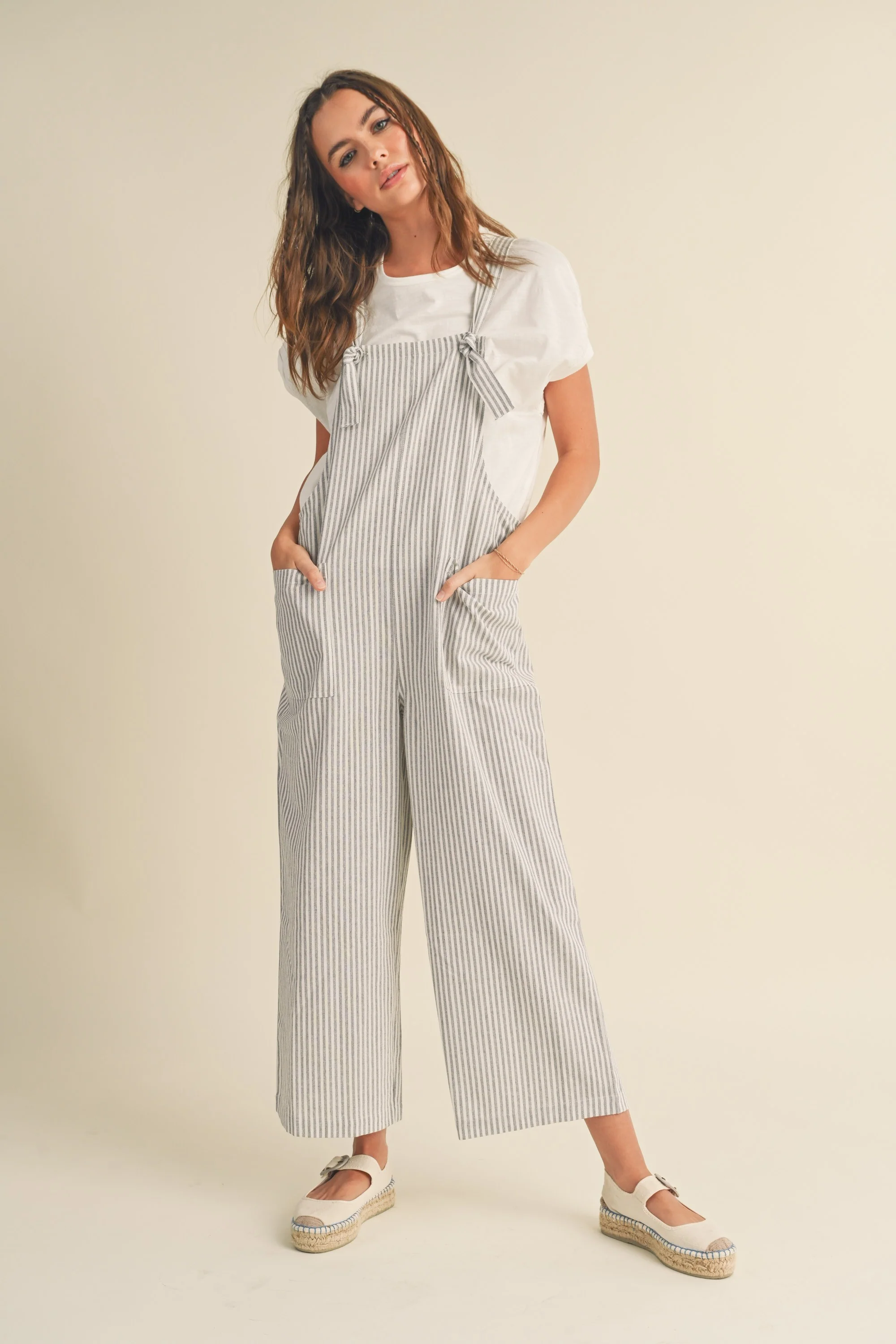 Grey Striped Linen Maternity Overalls - Image 5