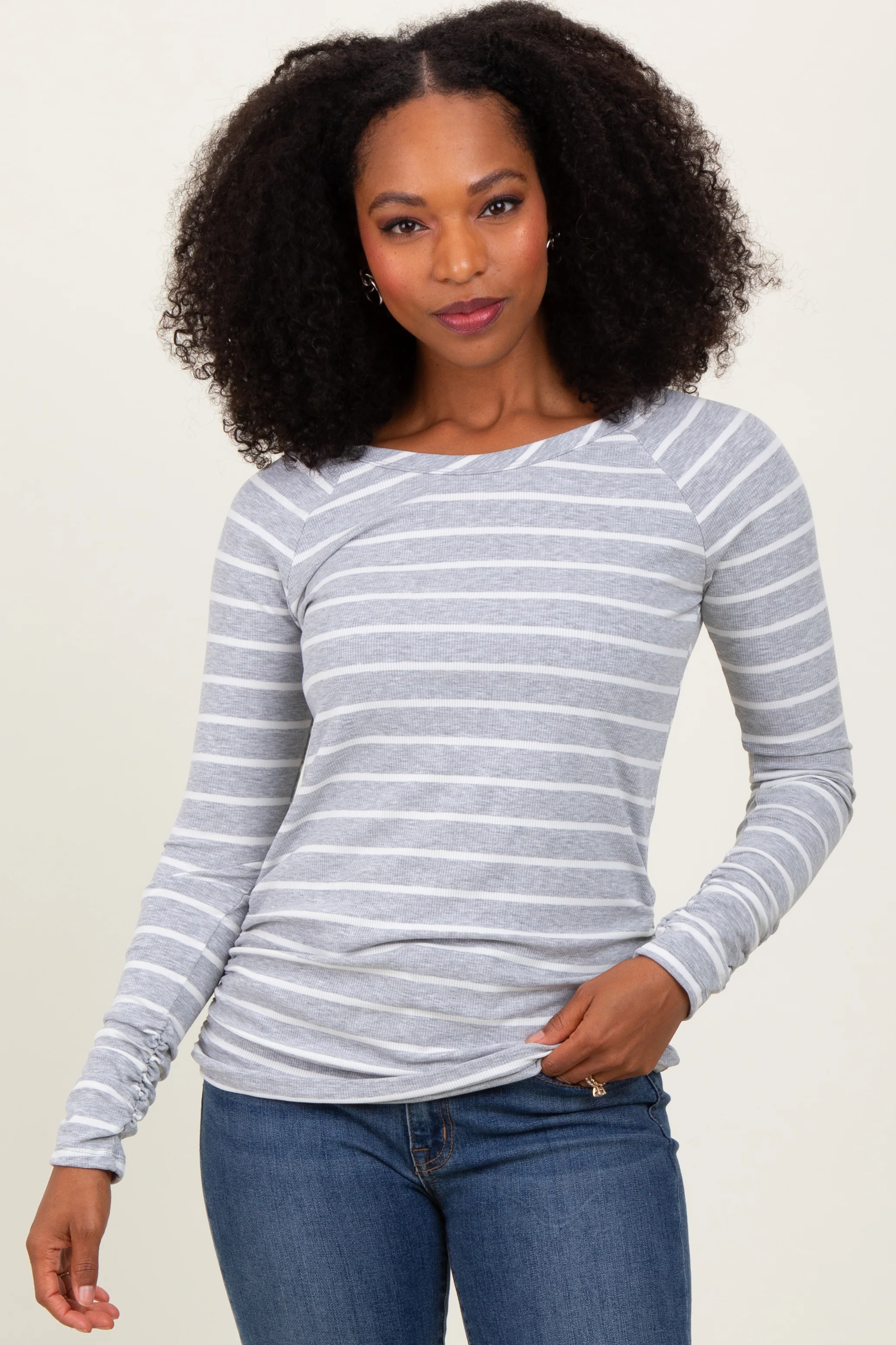Grey Striped Ruched Side Maternity Long Sleeve Top - Image 4