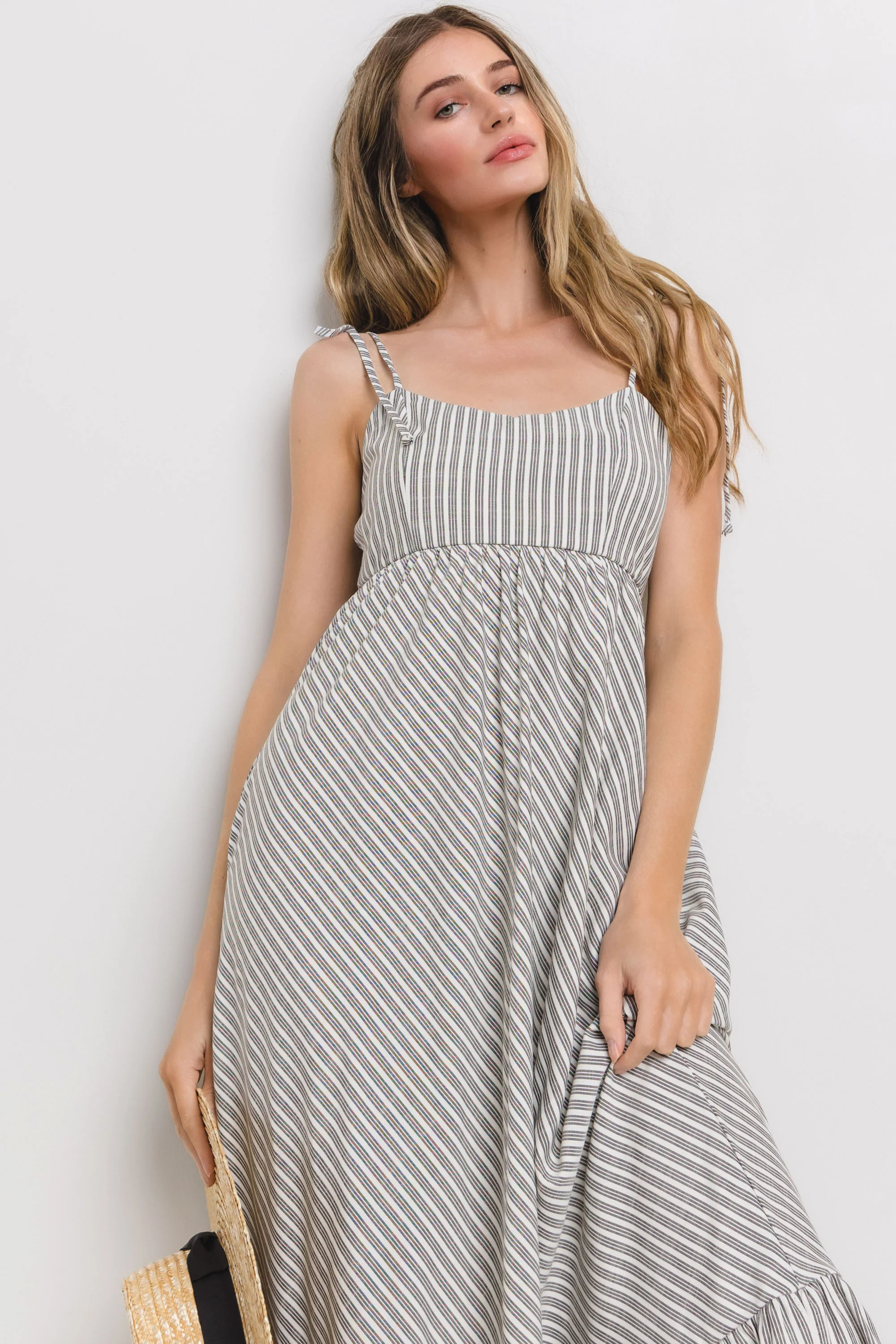 Grey Striped Tie Strap Maternity Maxi Dress - Image 3