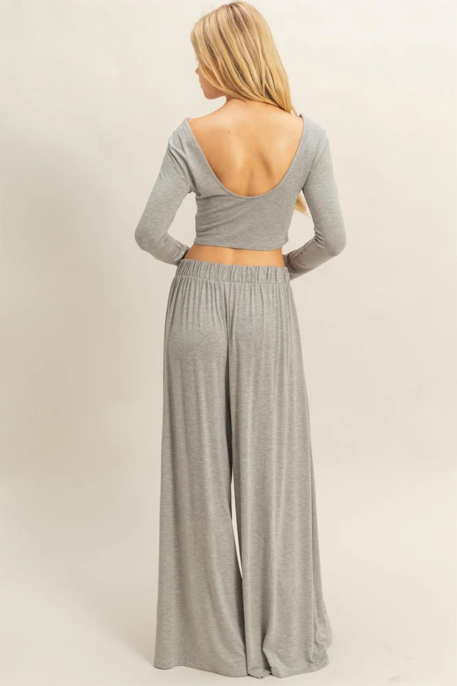 Heather Gray Long-Sleeve Crop Top And Maxi Pants Set - Image 3
