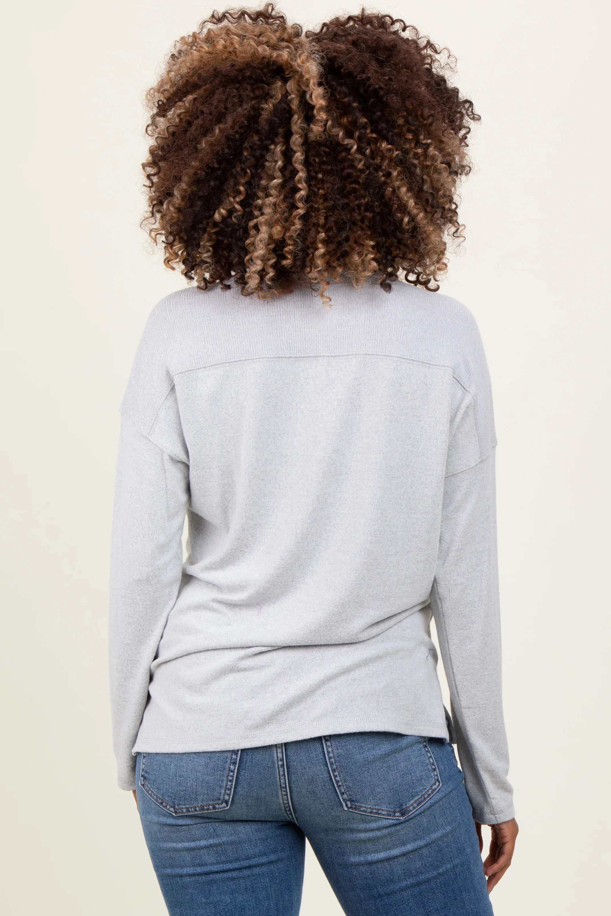 Heather Grey Basic V-Neck Long Sleeve Brushed Knit Maternity Top - Image 3