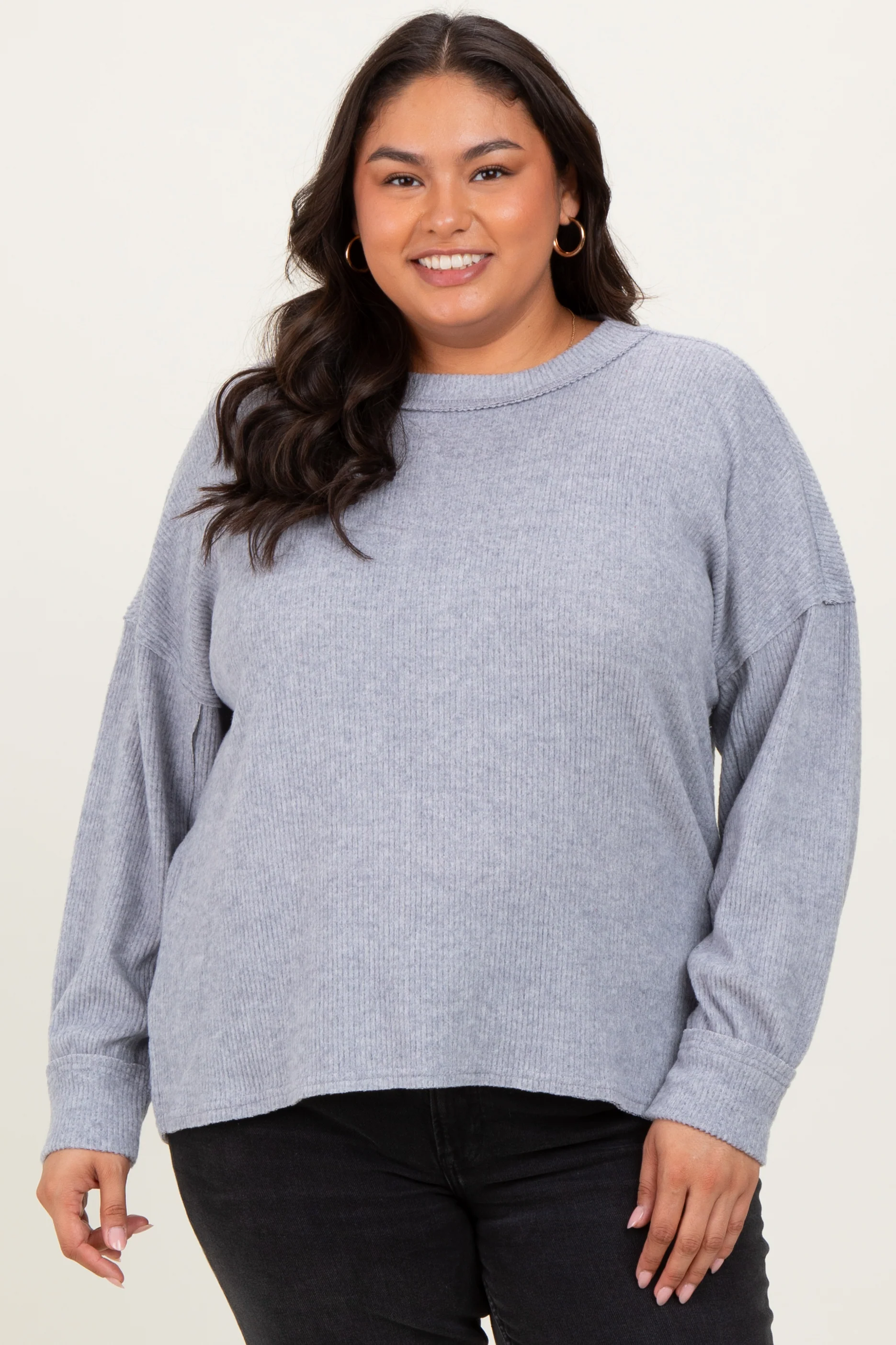 Heather Grey Brushed Ribbed Knit Maternity Plus Pullover - Image 5