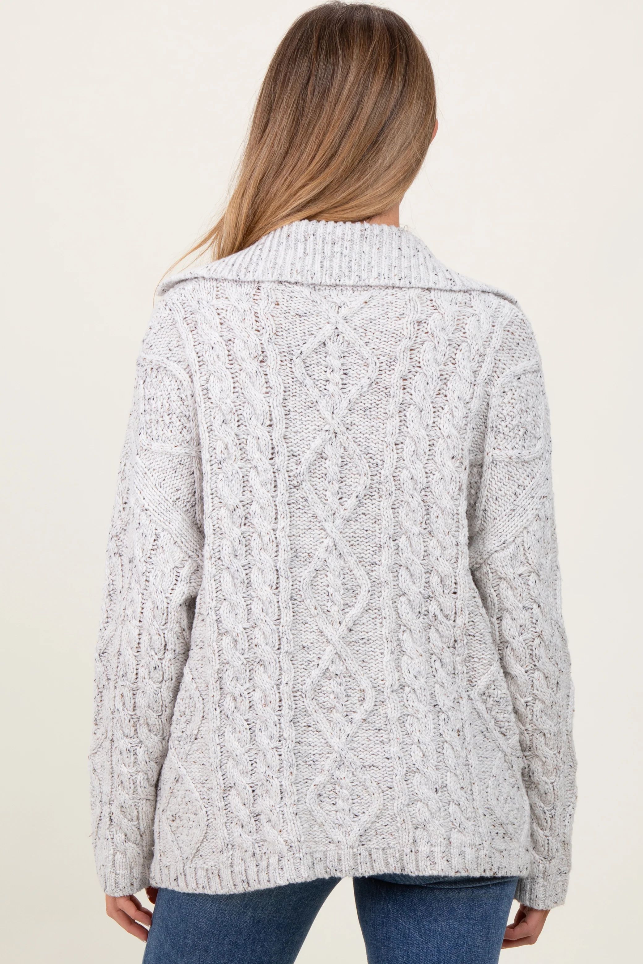 Heather Grey Cable Knit Collared Maternity Button Up Cardigan - Image 5