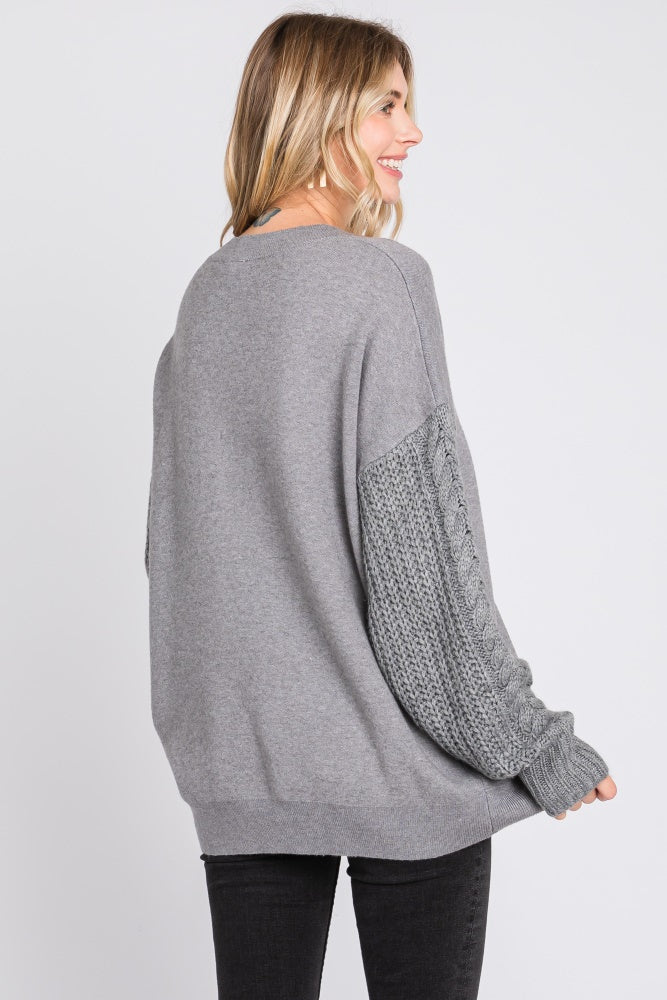 Heather Grey Cable Knit Sleeve Sweater - Image 3