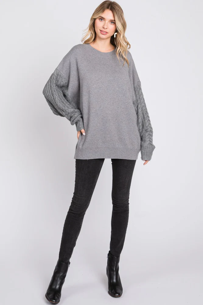 Heather Grey Cable Knit Sleeve Sweater - Image 4