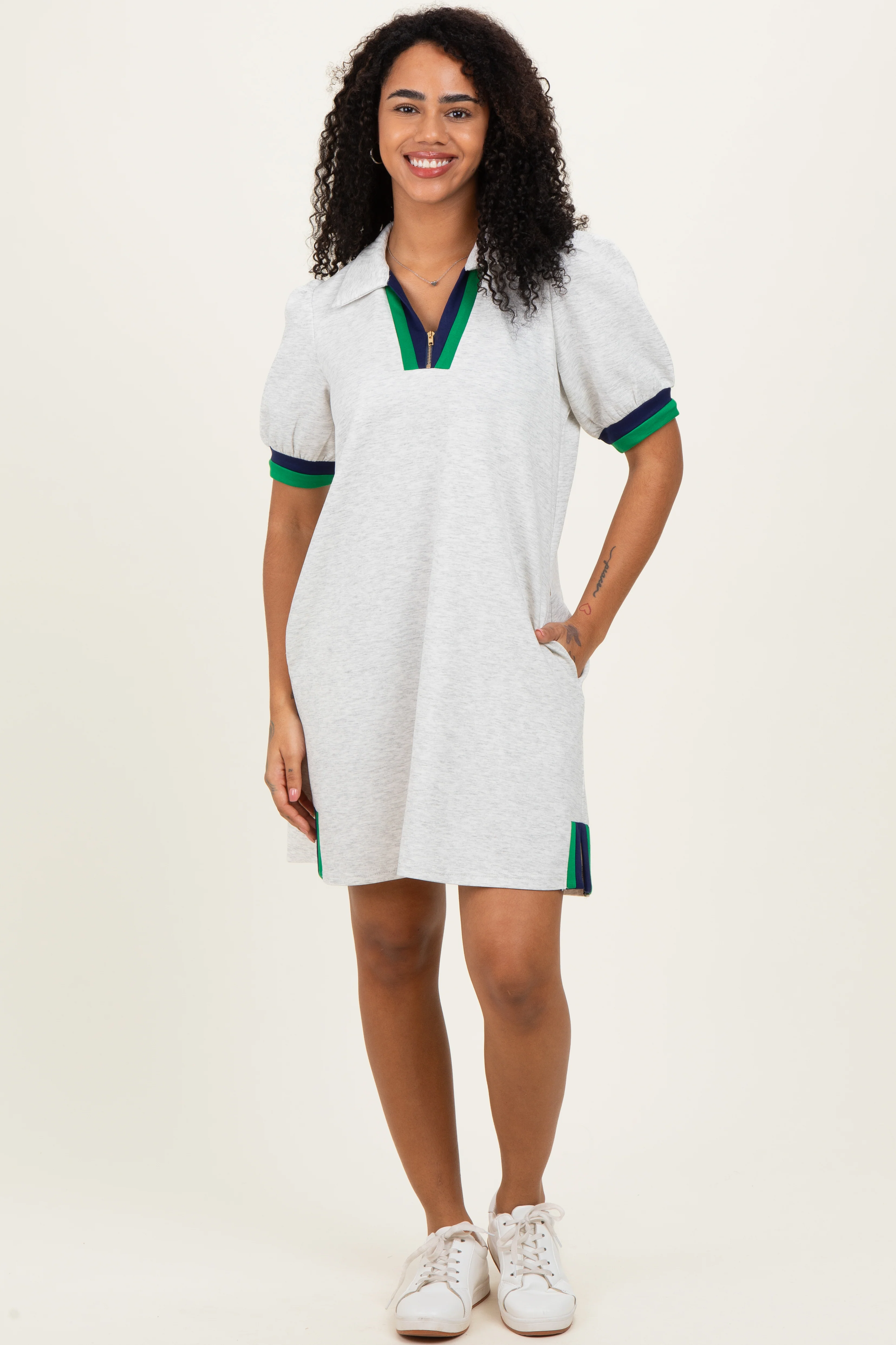 Heather Grey Color Block Zip Front Shift Dress - Image 2