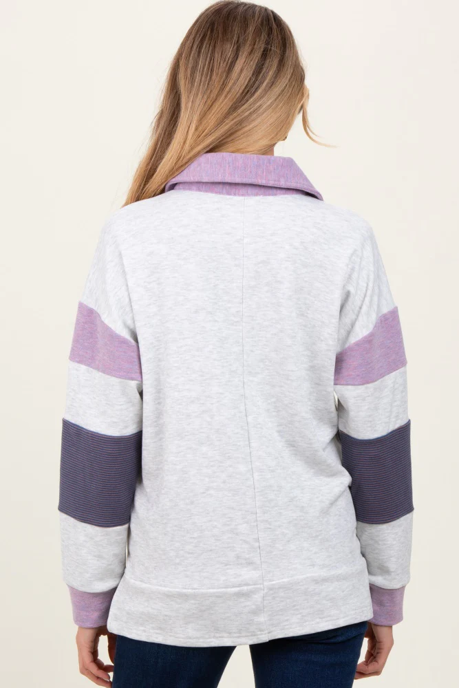 Heather Grey Colorblock Stripe Collared Maternity Pullover - Image 3