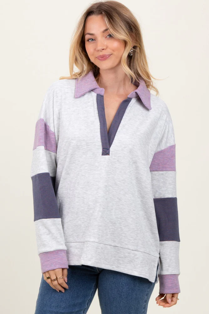 Heather Grey Colorblock Stripe Collared Maternity Pullover - Image 4