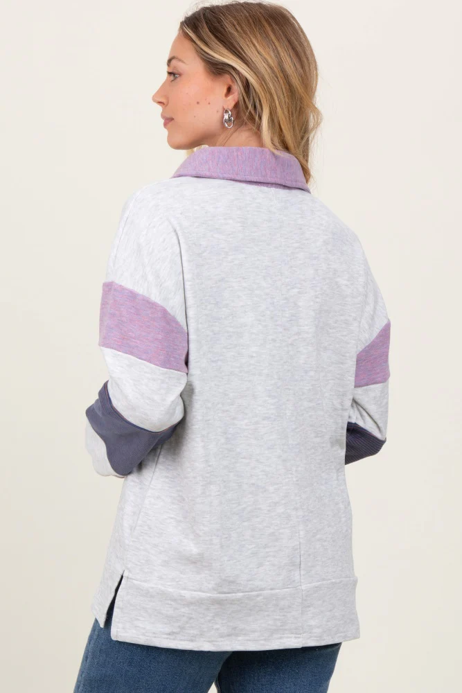 Heather Grey Colorblock Stripe Collared Pullover - Image 3